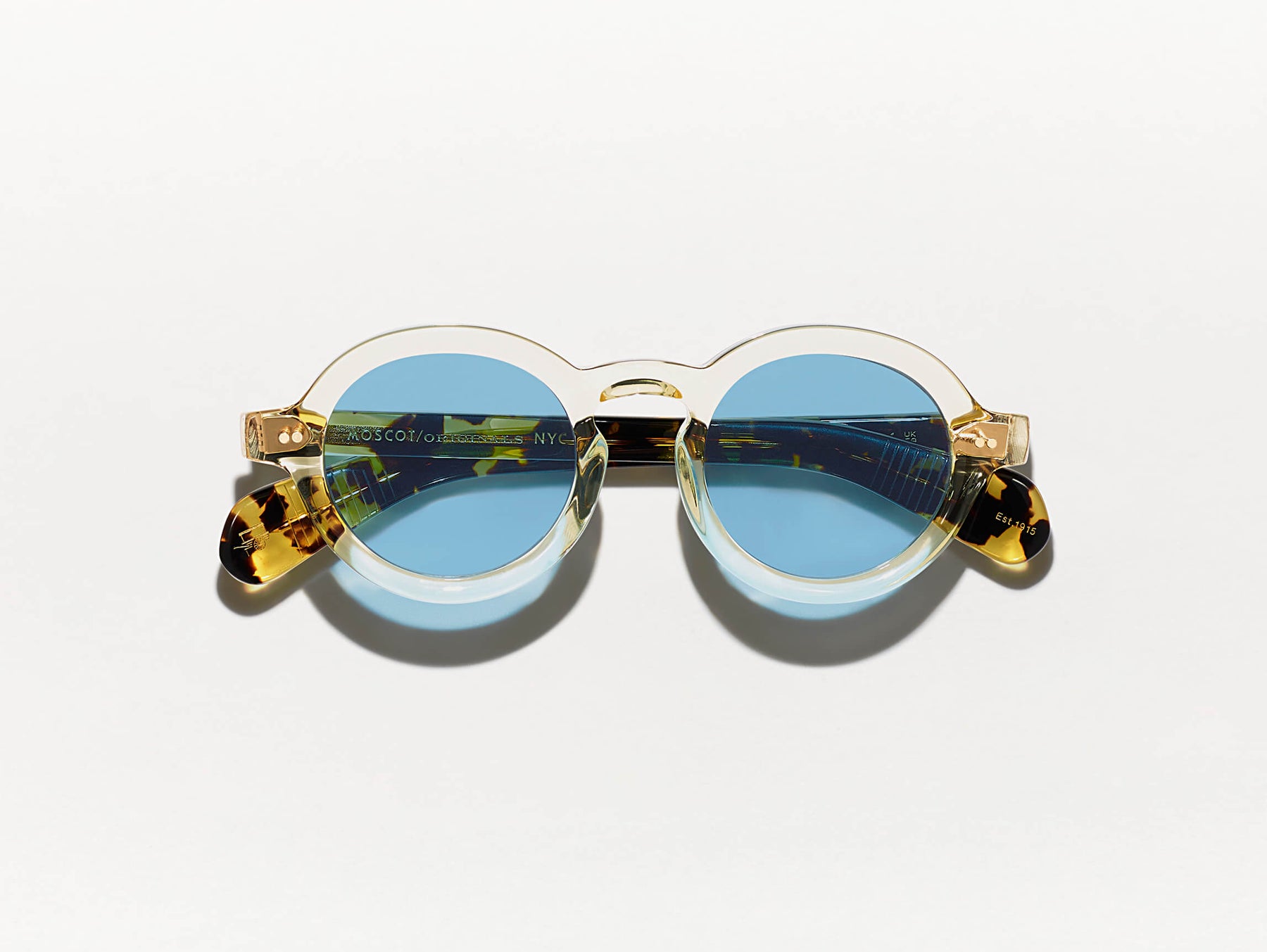 The FOYGEL SUN in Citron/Tortoise with Celebrity Blue Tinted Lenses