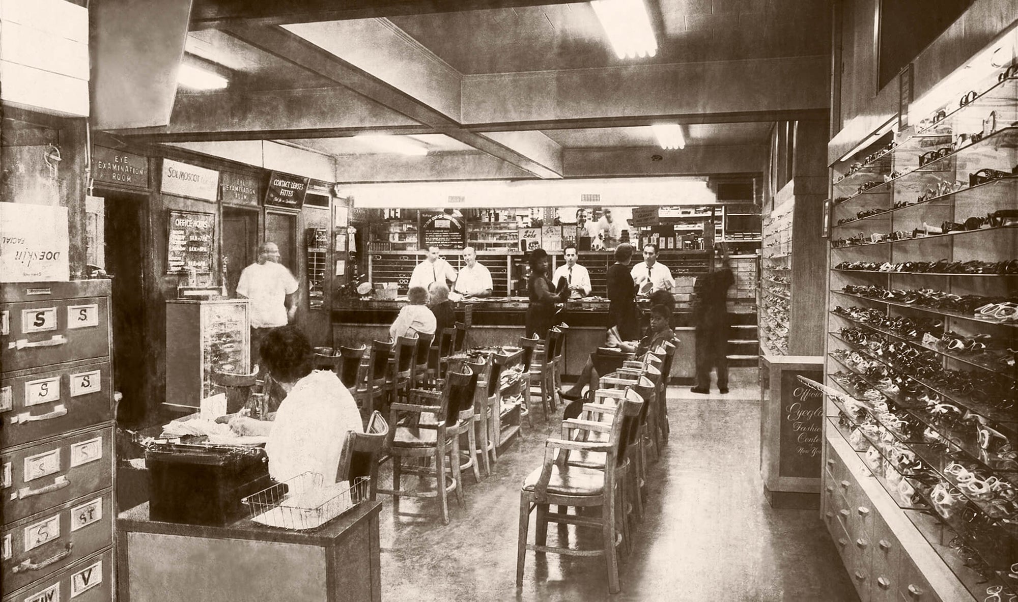 Old photo of the inside of Moscot store