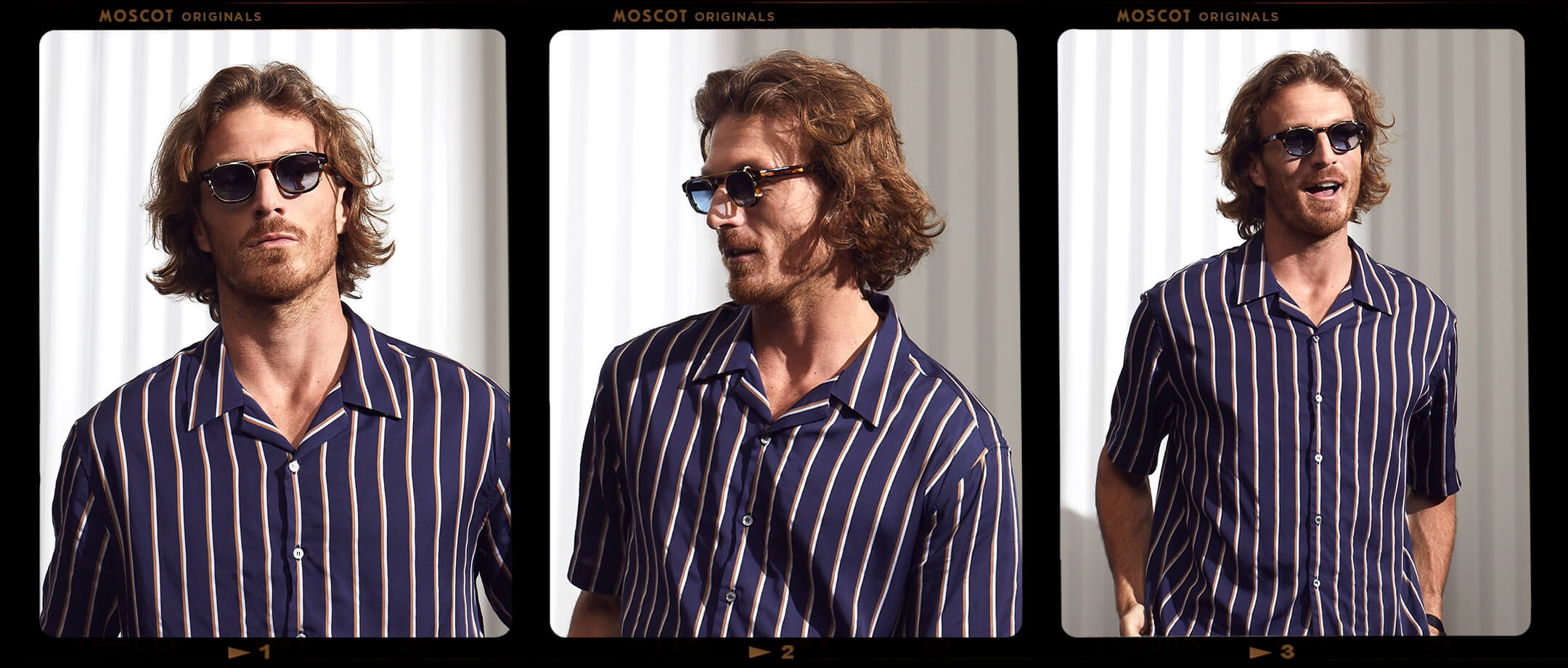 Model is wearing The CLIPTOSH in Gold in size 46 with Denim Blue Tinted Lenses