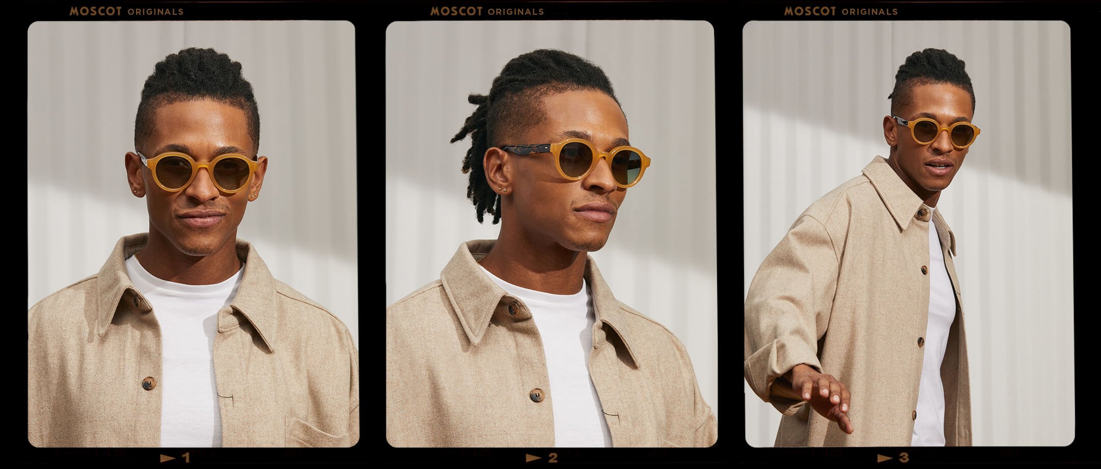 Model is wearing The GREPS SUN in Honey/Tortoise in size 47 with Forest Wood Tinted Lenses