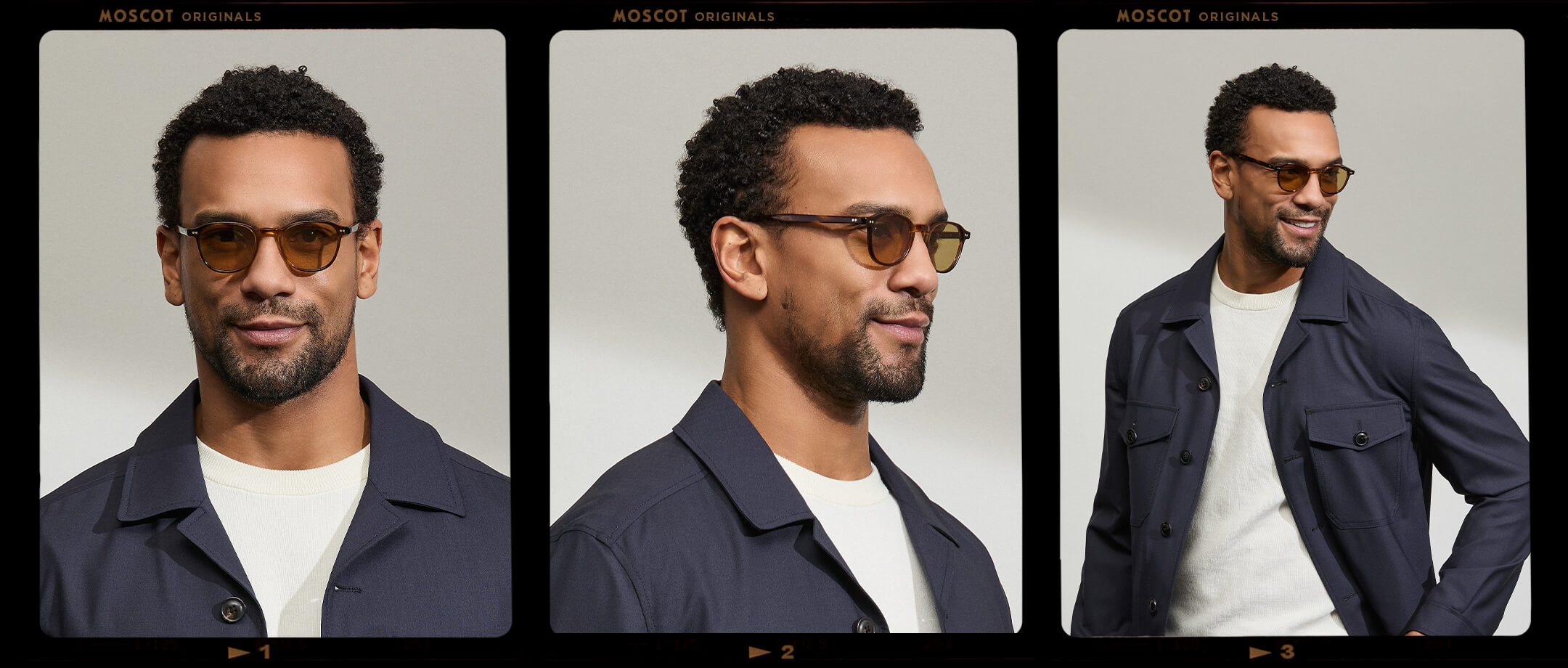Model is wearing The ARTHUR in Tobacco in size 48 with Amber Tinted Lenses