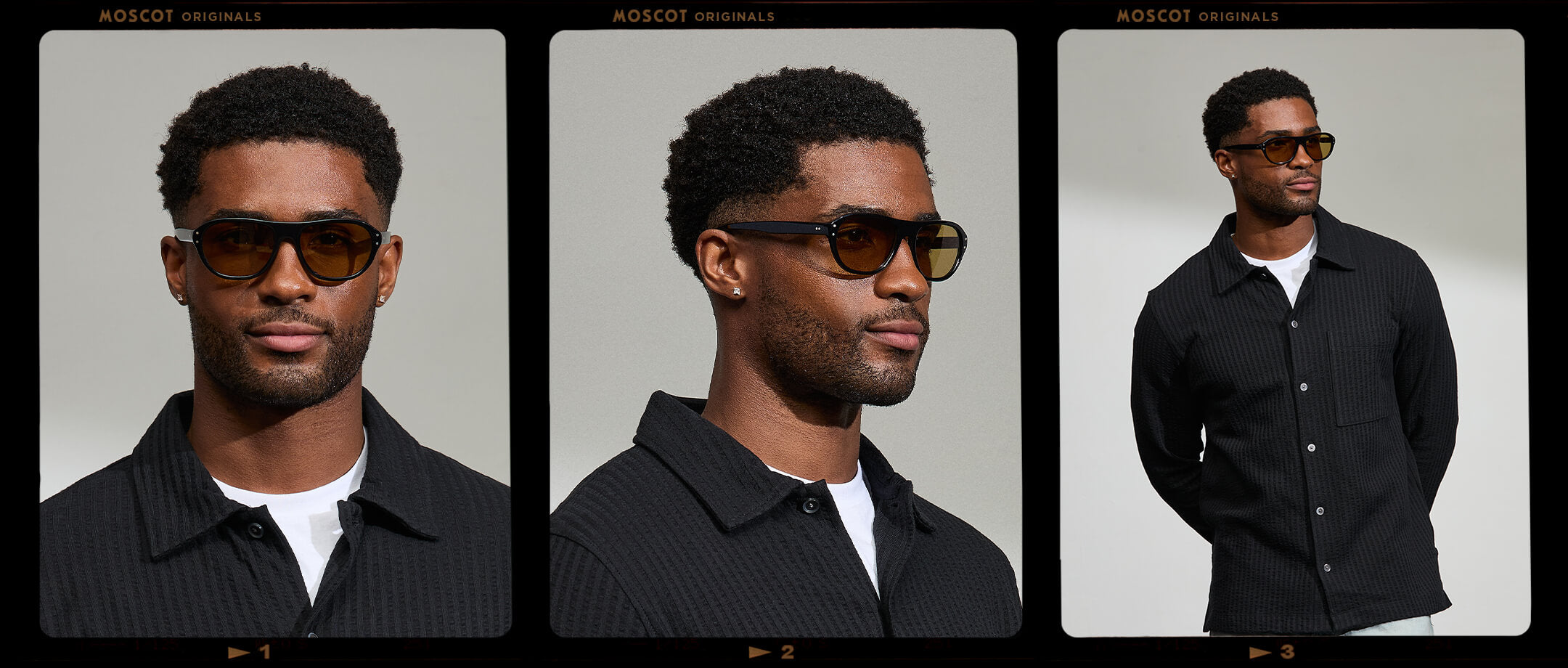 Model is wearing The AVRAM in size 54 in Black with Amber Tinted Lenses