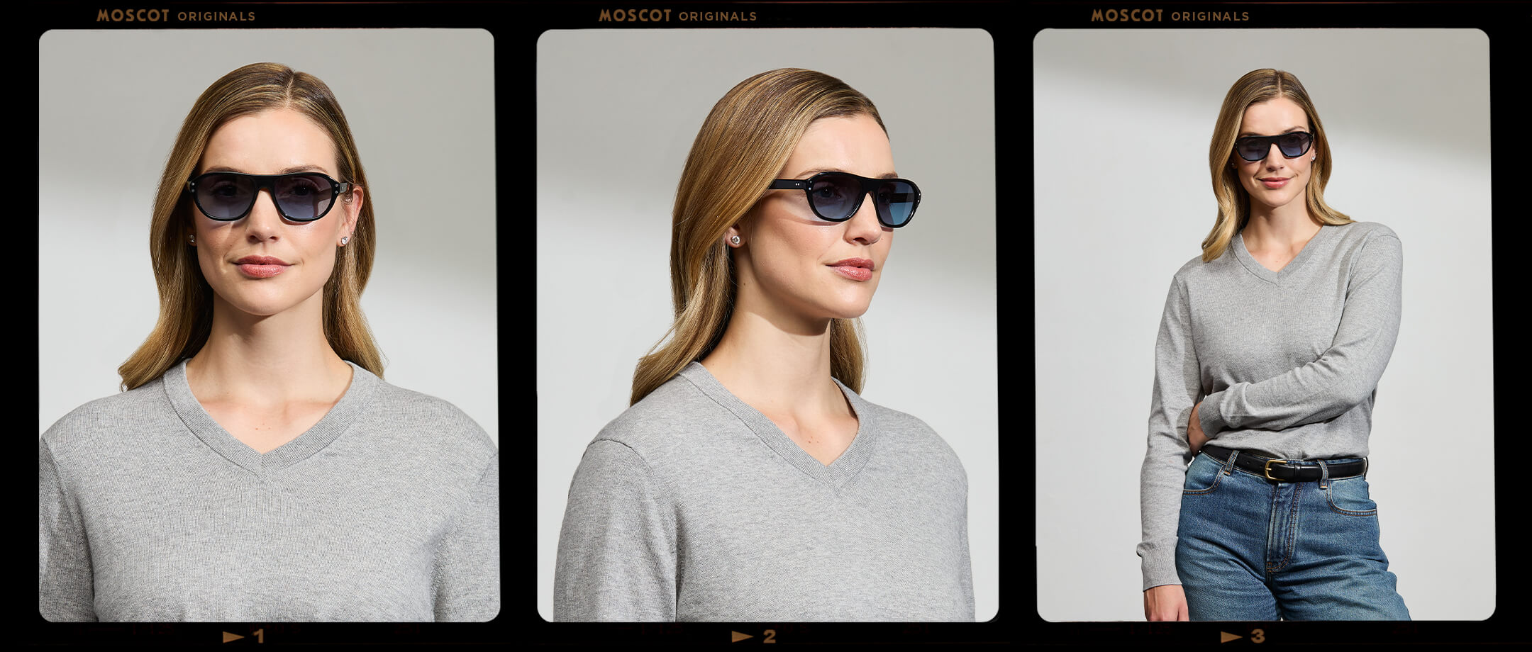 Model is wearing The AVRAM in size 54 in Black with Denim Blue Tinted Lenses