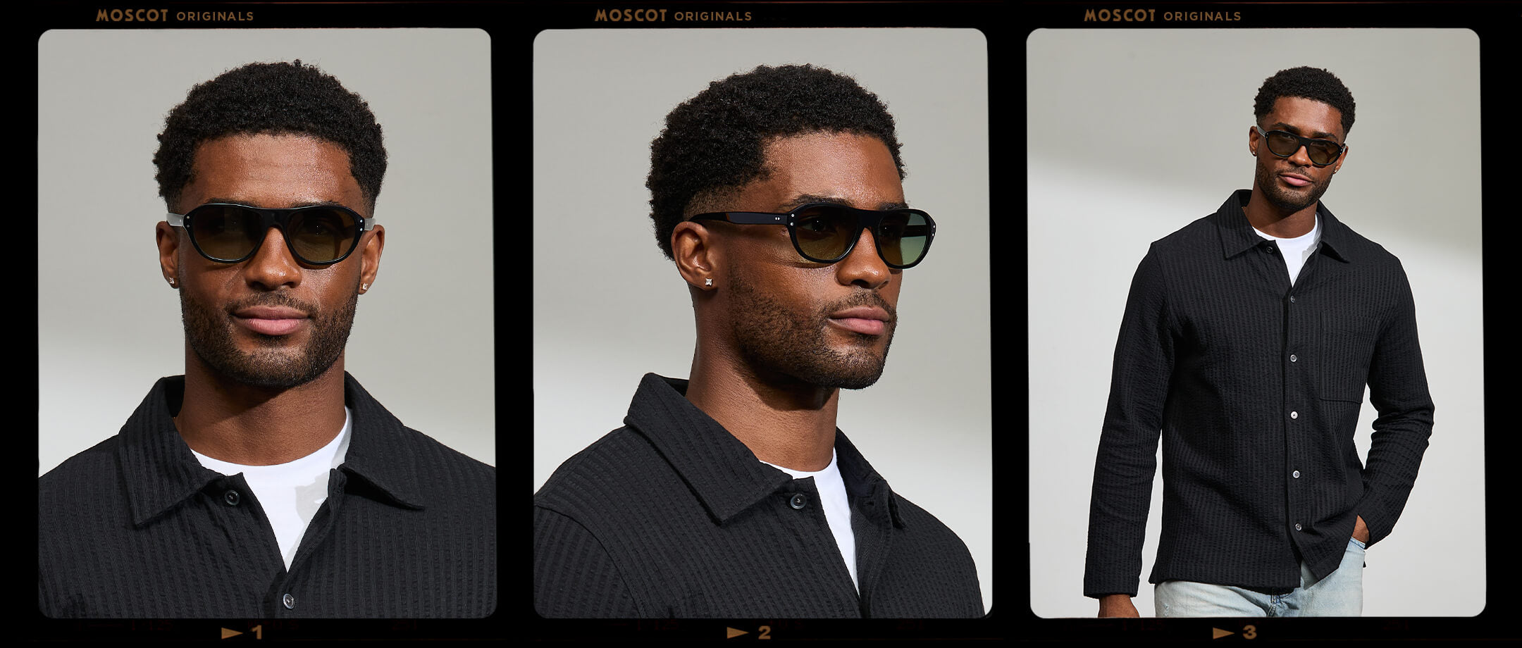 Model is wearing The AVRAM in size 54 in Black with Forest Wood Tinted Lenses