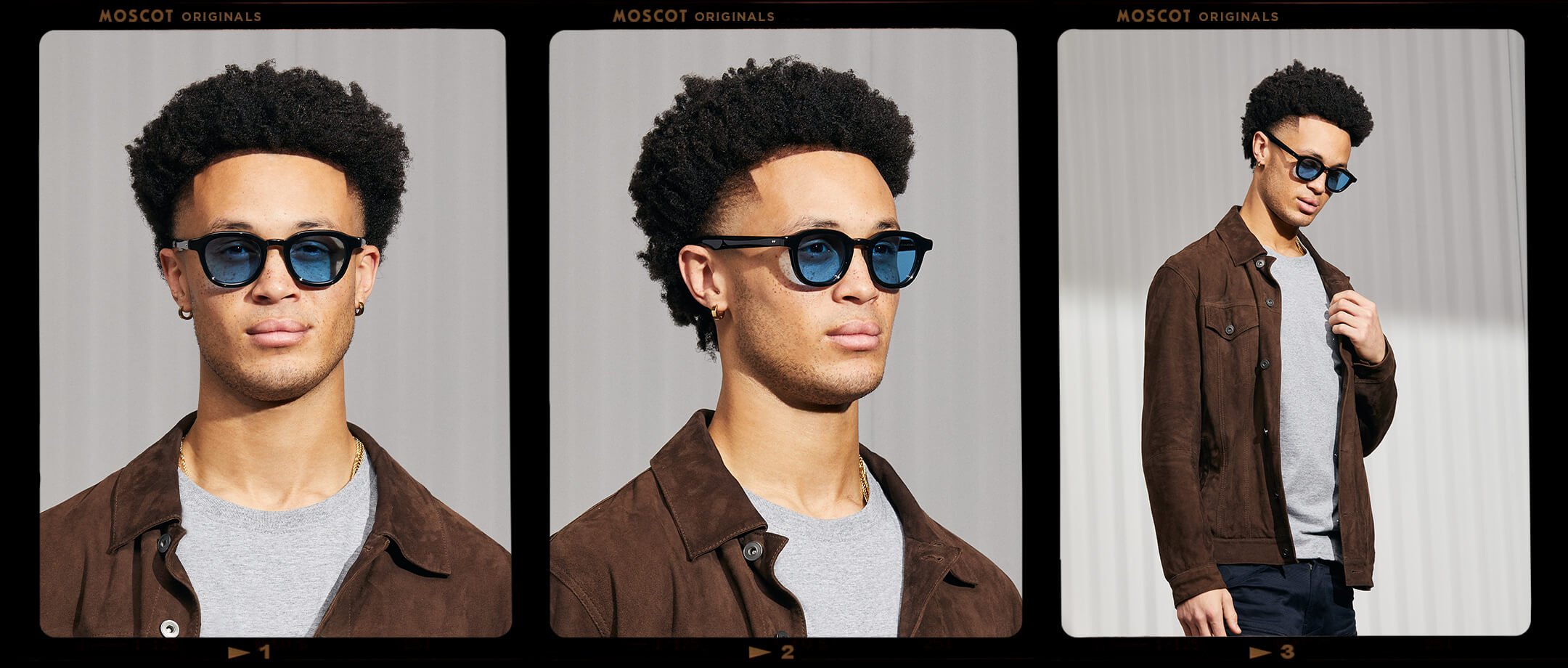 Model is wearing The DAHVEN in Black in size 47 with Celebrity Blue Tinted Lenses