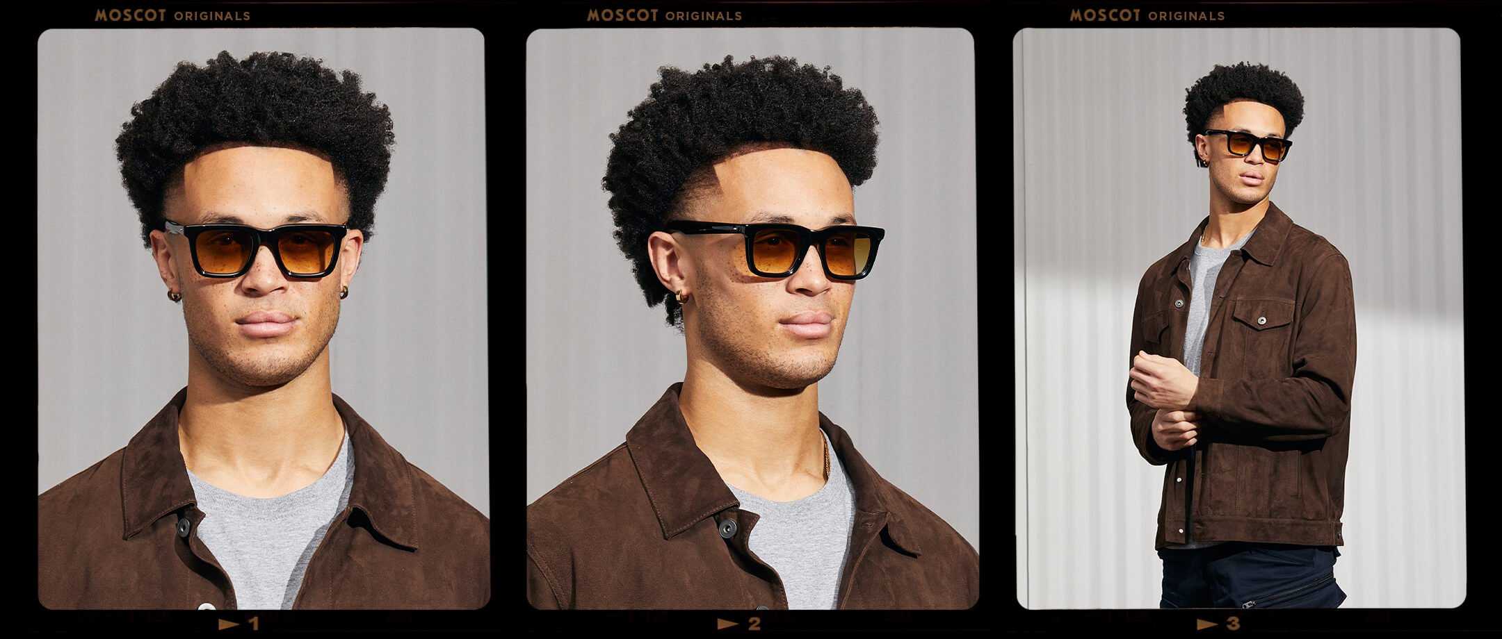 Model is wearing The RIZIK in Black in size 49 with Chestnut Fade Tinted Lenses