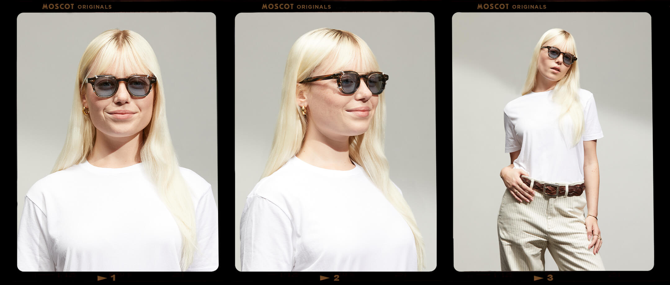 Model is wearing The DOLT CLIP LIMITED EDITION in size 46 in Gold with Blue Tinted Lenses