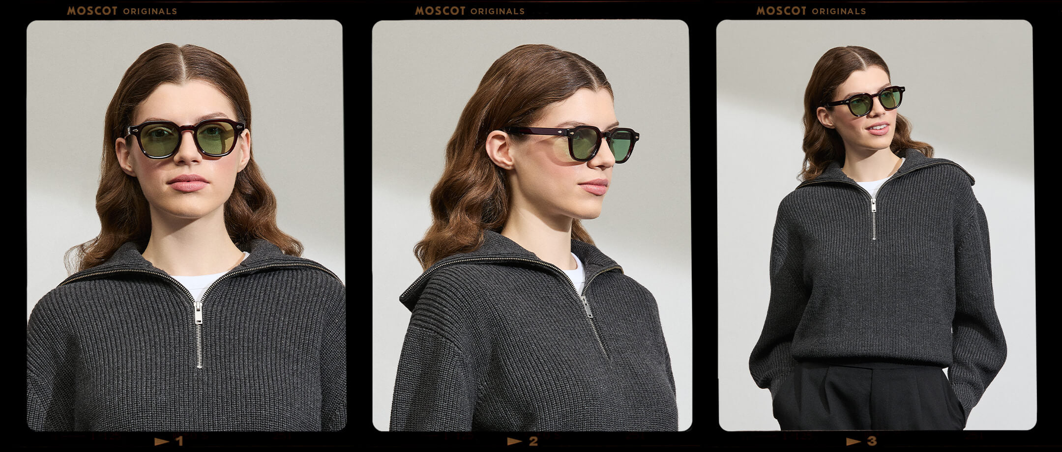 Model is wearing The DOLT in Burgundy in size 49 with GREEN+ Lenses