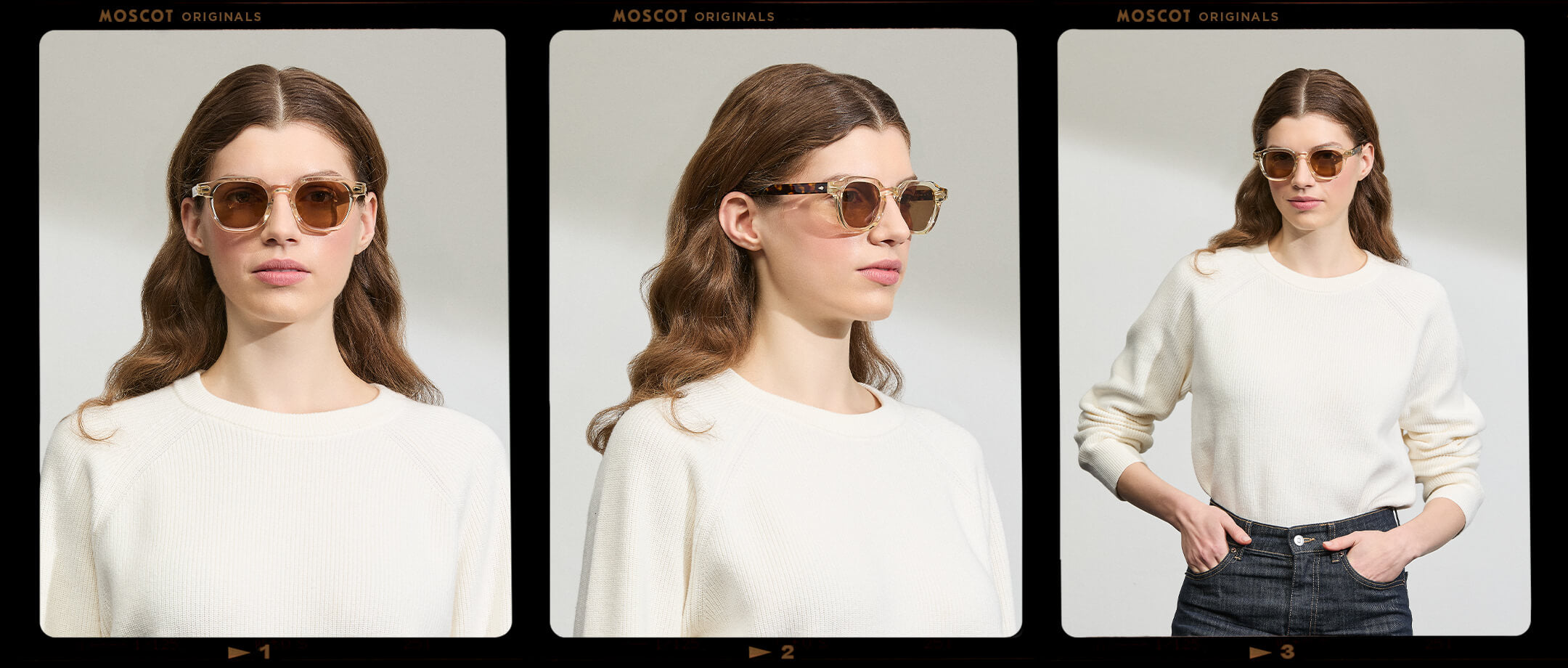 Model is wearing The DOLT in Flesh/Tortoise in size 49 with AMBER+ Lenses
