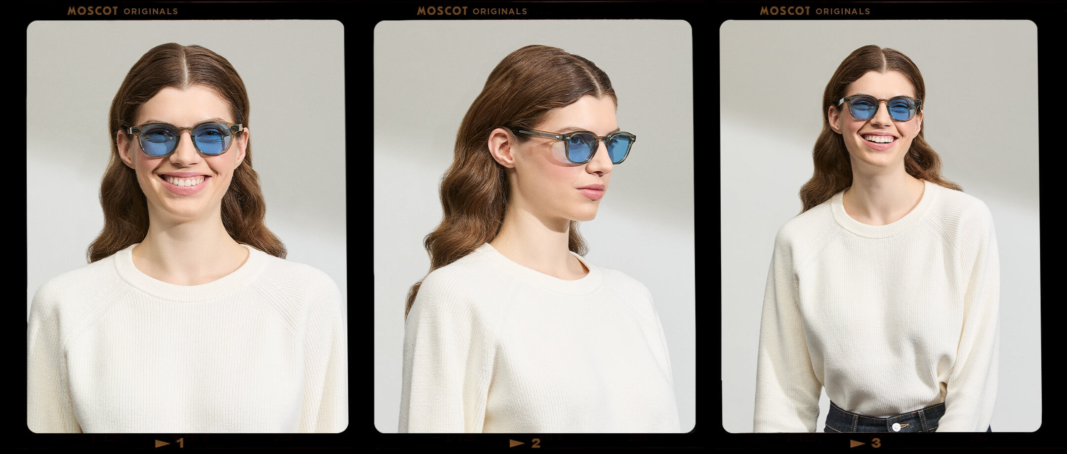 Model is wearing The LEMTOSH in Sage in size 49 with Celebrity Blue Tinted Lenses