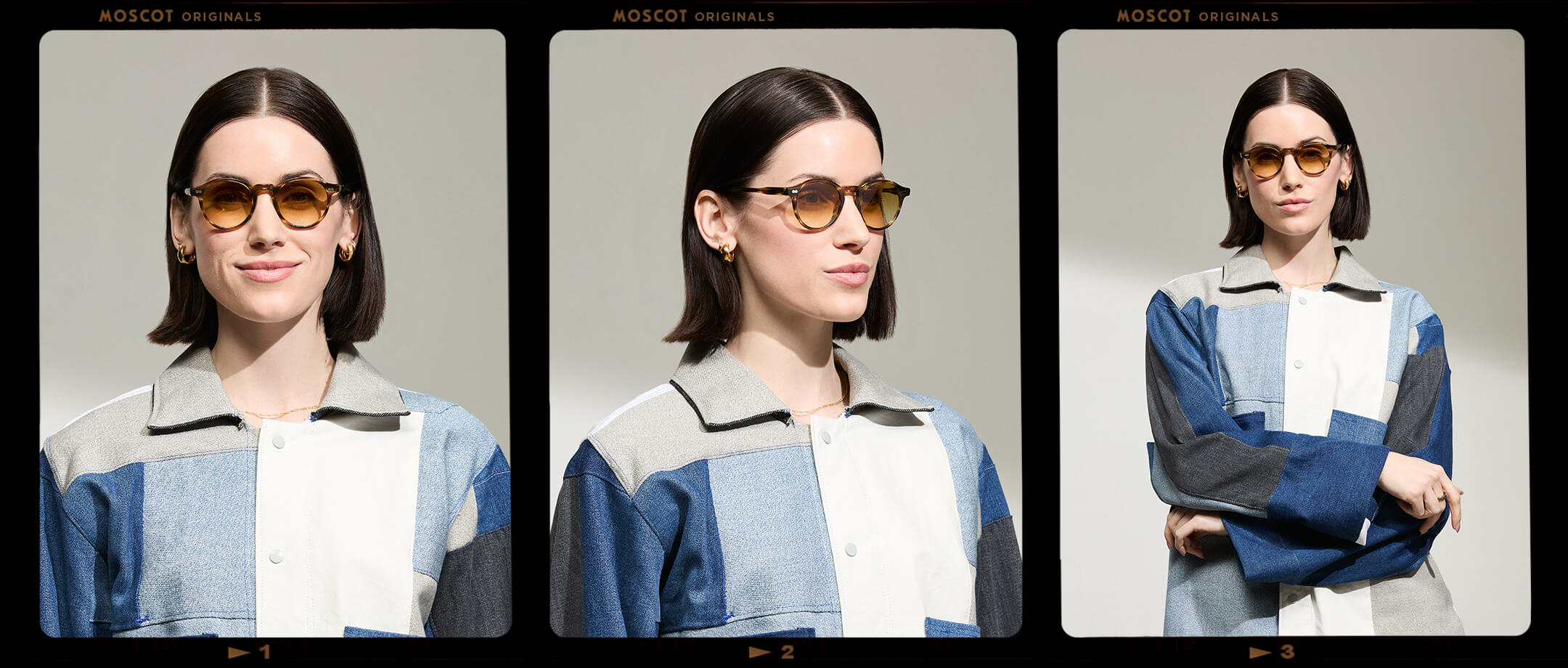 Model is wearing The MILTZEN in Bamboo in size 46 with Chestnut Fade Tinted Lenses