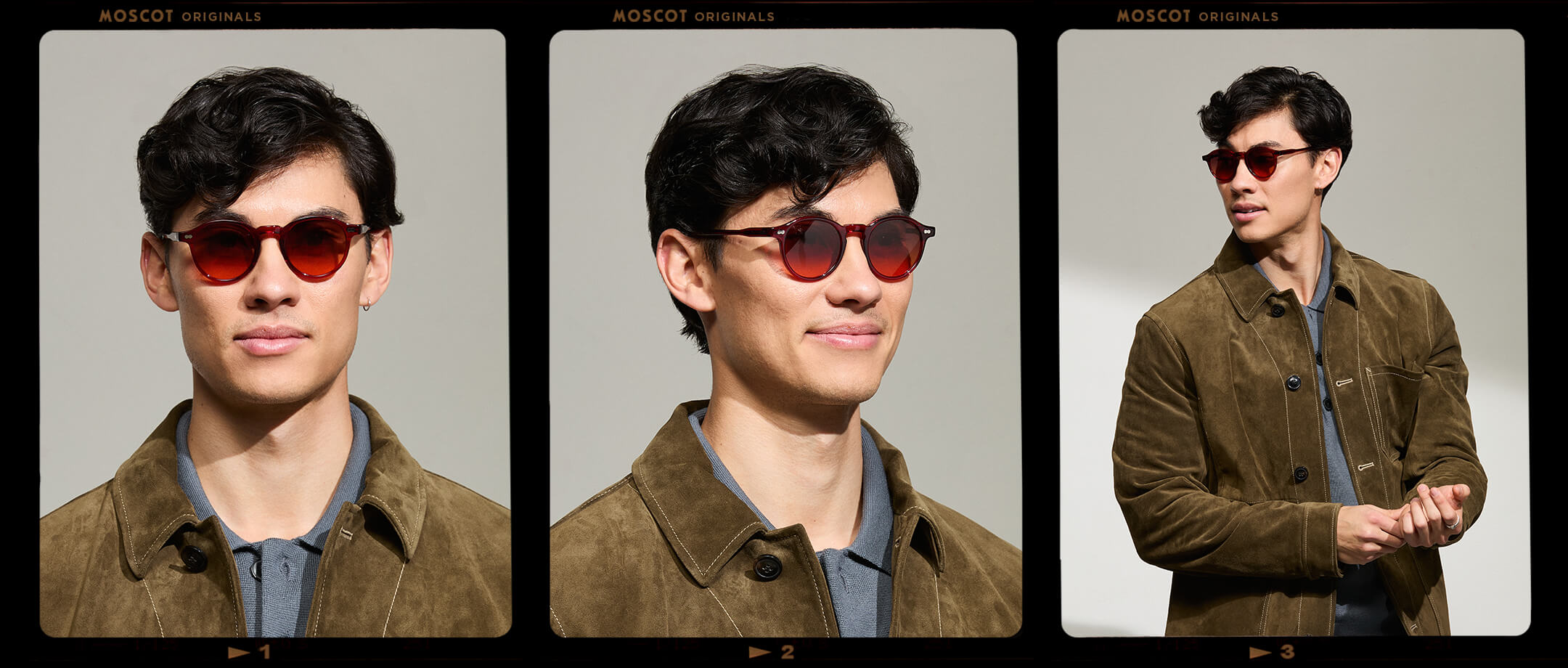 Model is wearing The MILTZEN in Ruby in size 46 with Cabernet Tinted Lenses