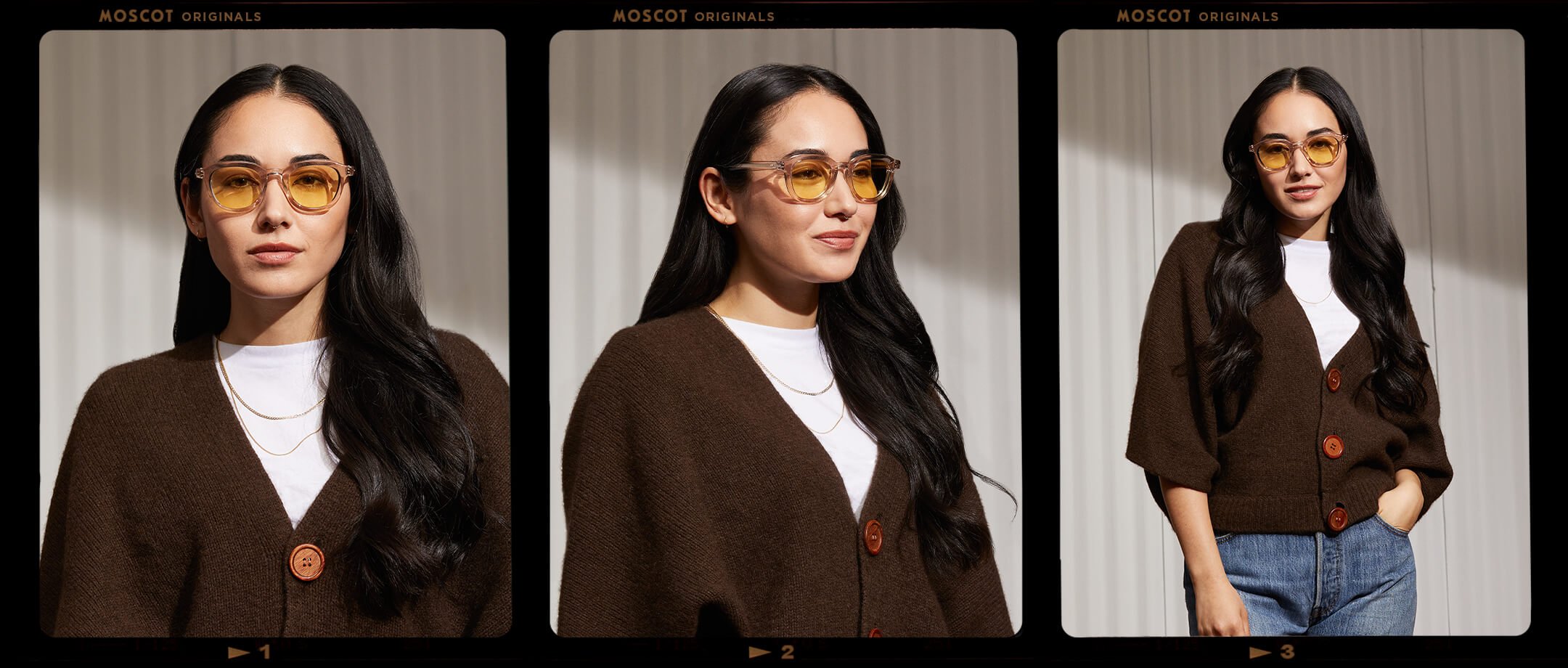 Model is wearing The DAVHEN in Mist in size 47 with Pastel Yellow Tinted Lenses