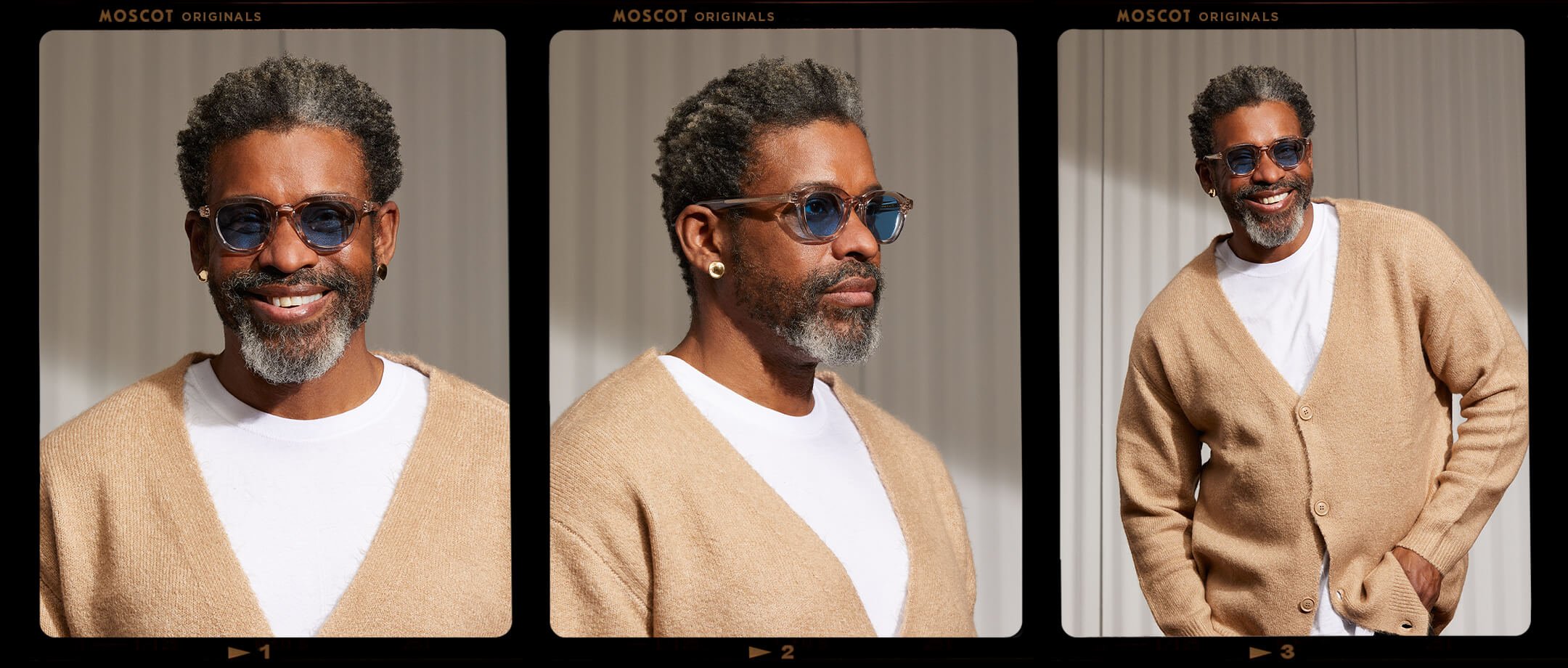 Model is wearing The DAHVEN in Mist in size 47 with Celebrity Blue Tinted Lenses