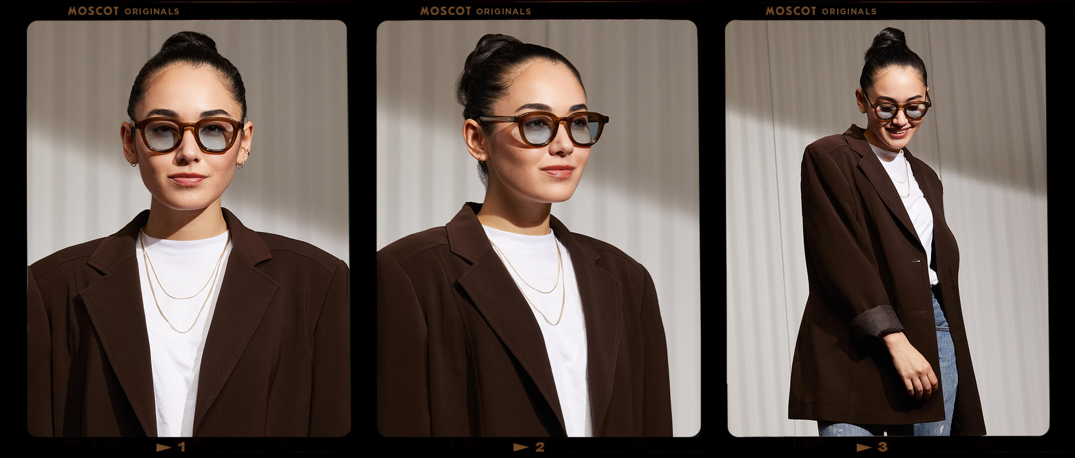 Model is wearing The DAHVEN in Olive Brown in size 47 with Bel Air Blue Tinted Lenses