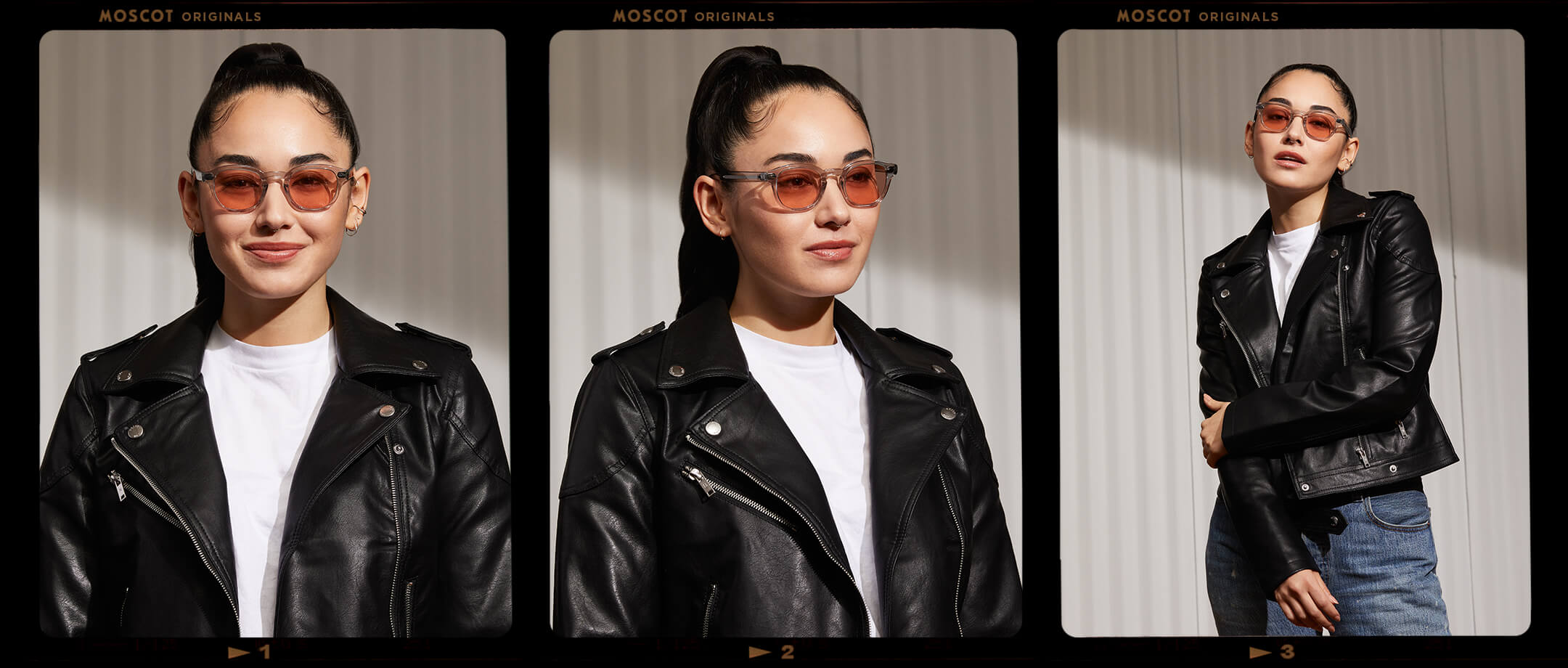 Model is wearing The LEMTOSH in Light Grey in size 46 with New York Rose Tinted Lenses