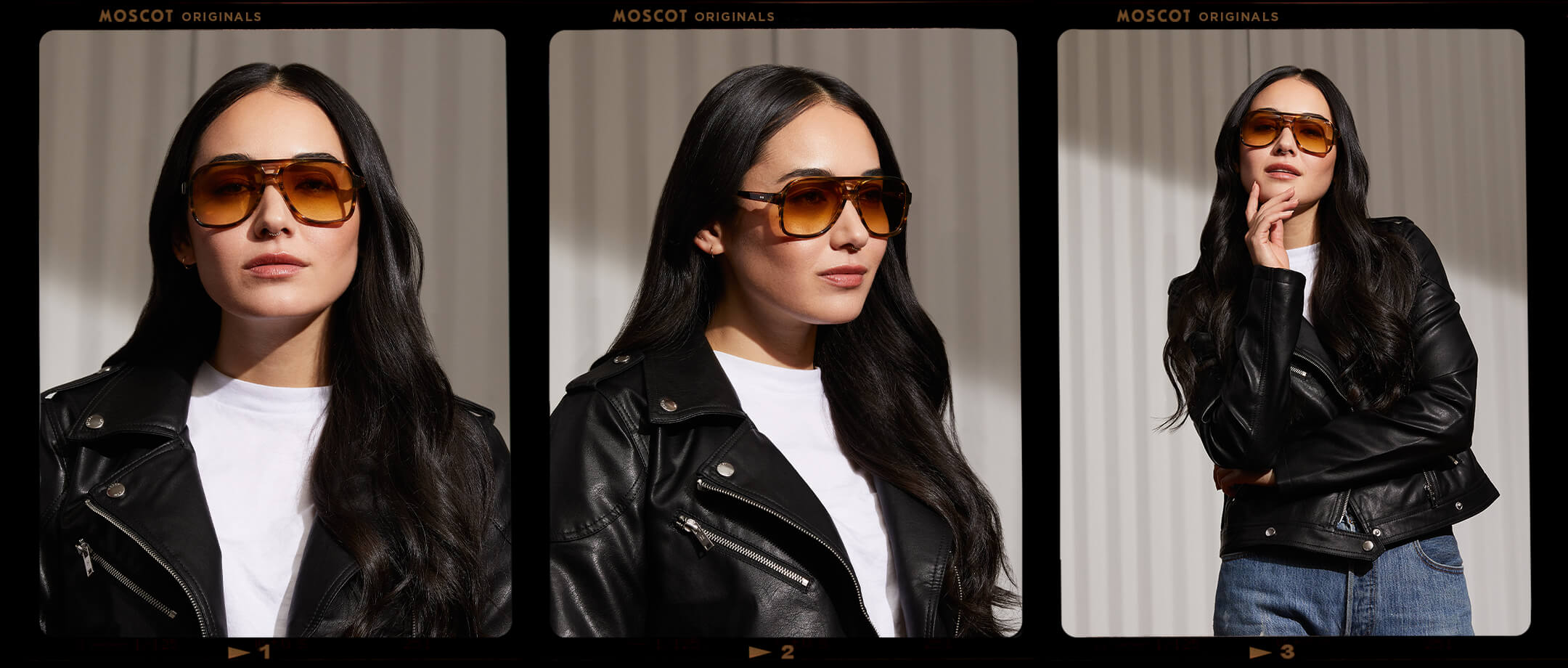 Model is wearing The SHEISTER SUN in Bamboo in size 57 with Chestnut Fade Tinted Lenses