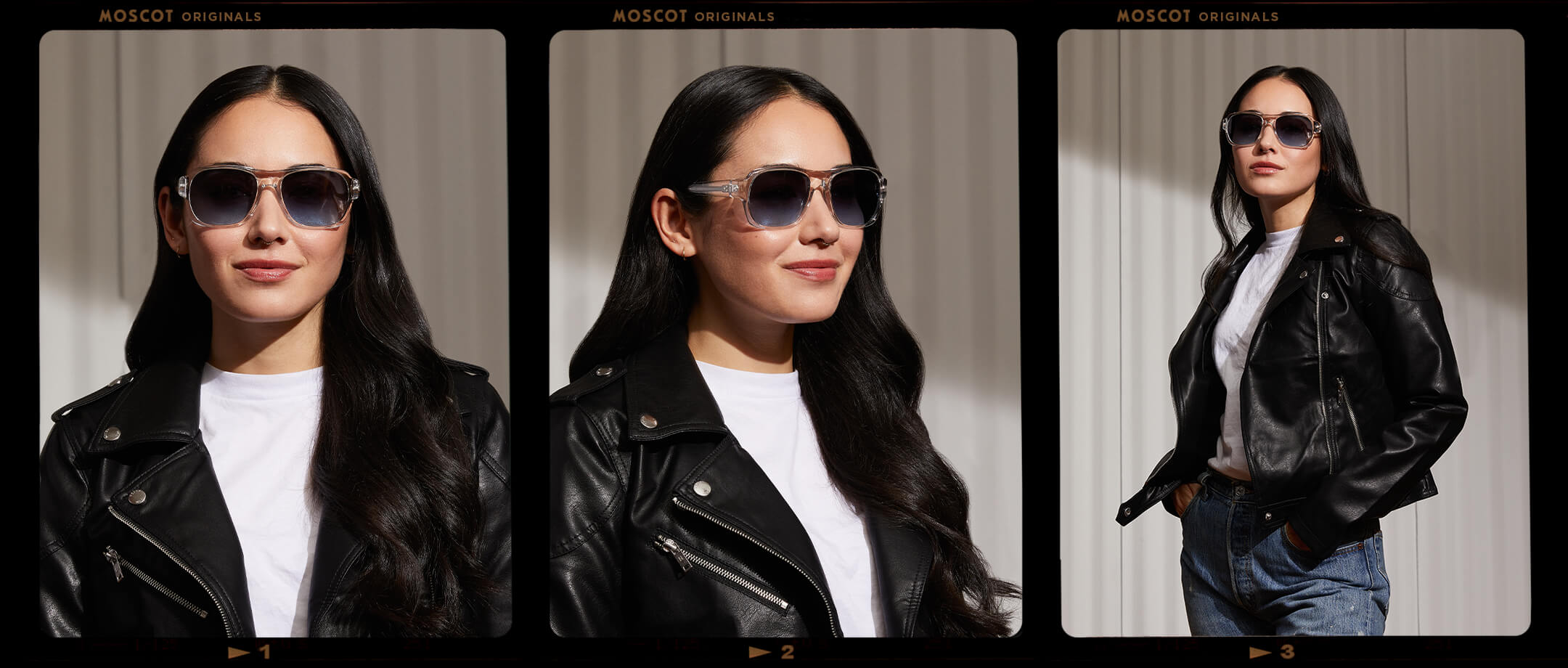 Model is wearing The SHVITZ SUN in Crystal in size 57 with Denim Blue Tinted Lenses