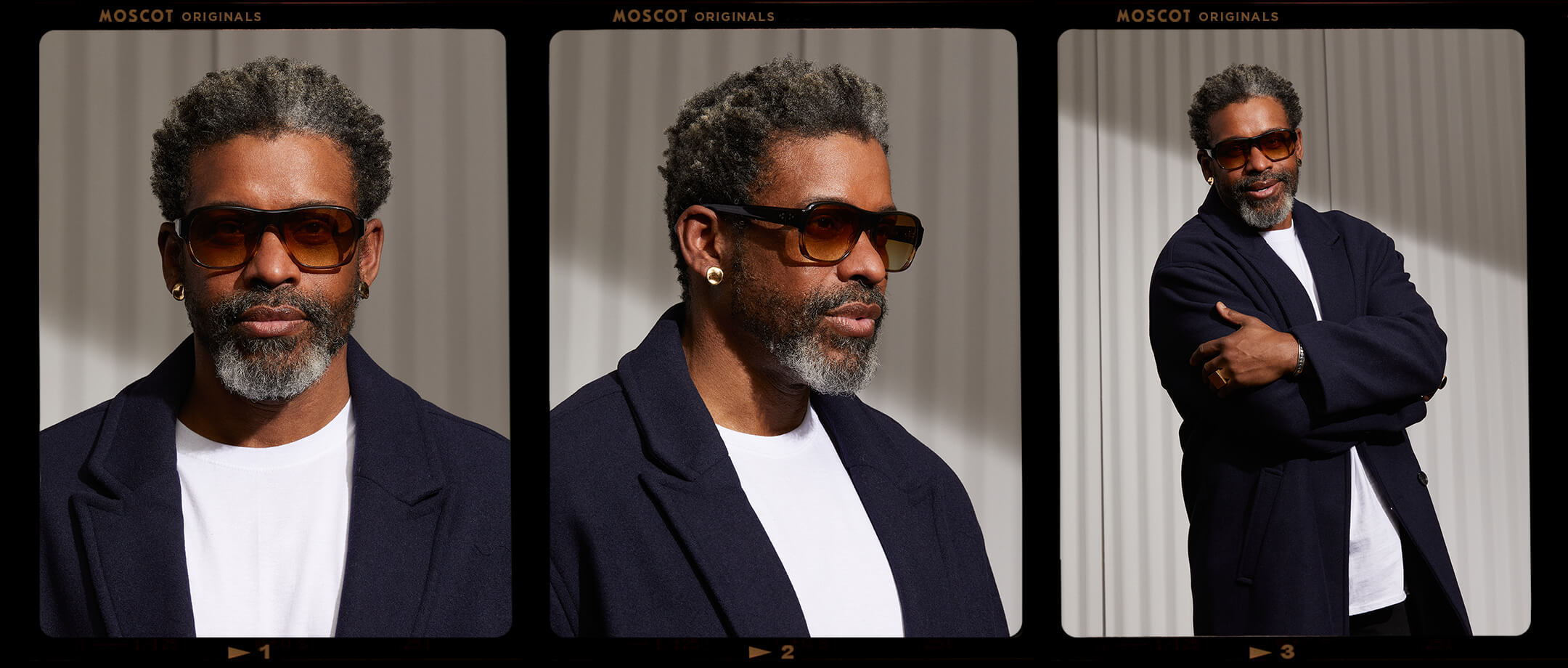 Model is wearing The SHVITZ SUN in Grey-Brown Fade in size 57 with Chestnut Fade Tinted Lenses