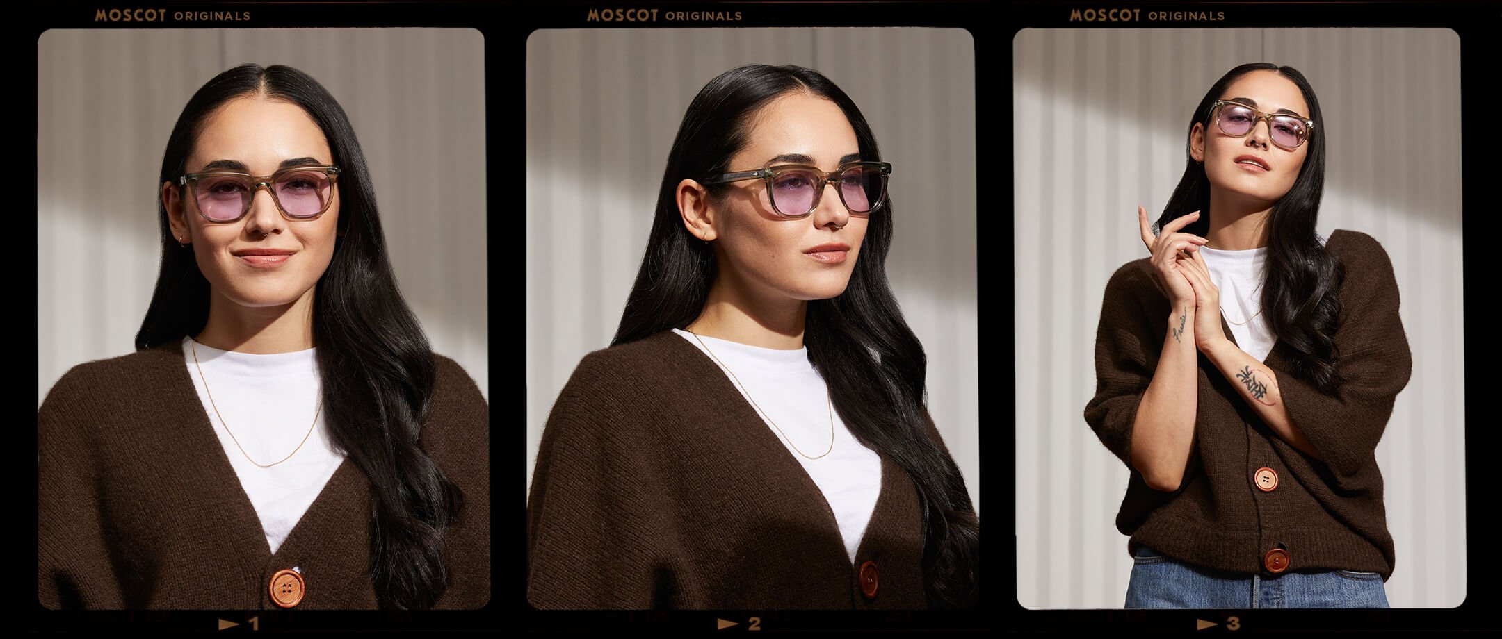 Model is wearing The YONTIF in Sage in size 49 with Lavender Tinted Lenses