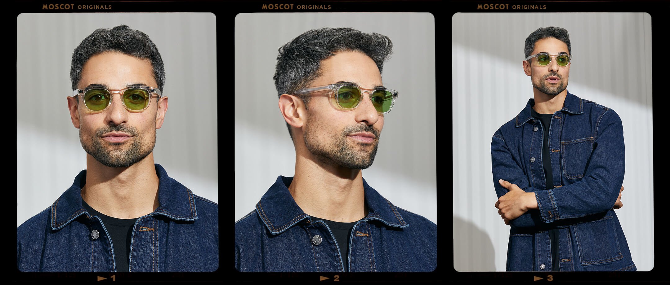 Model is wearing The GELT in Crystal in size 46 with Garnet Green Tinted Lenses