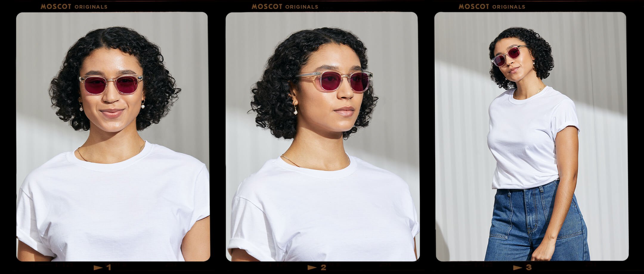 Model is wearing The GELT in Crystal in size 49 with Purple Nurple Tinted Lenses