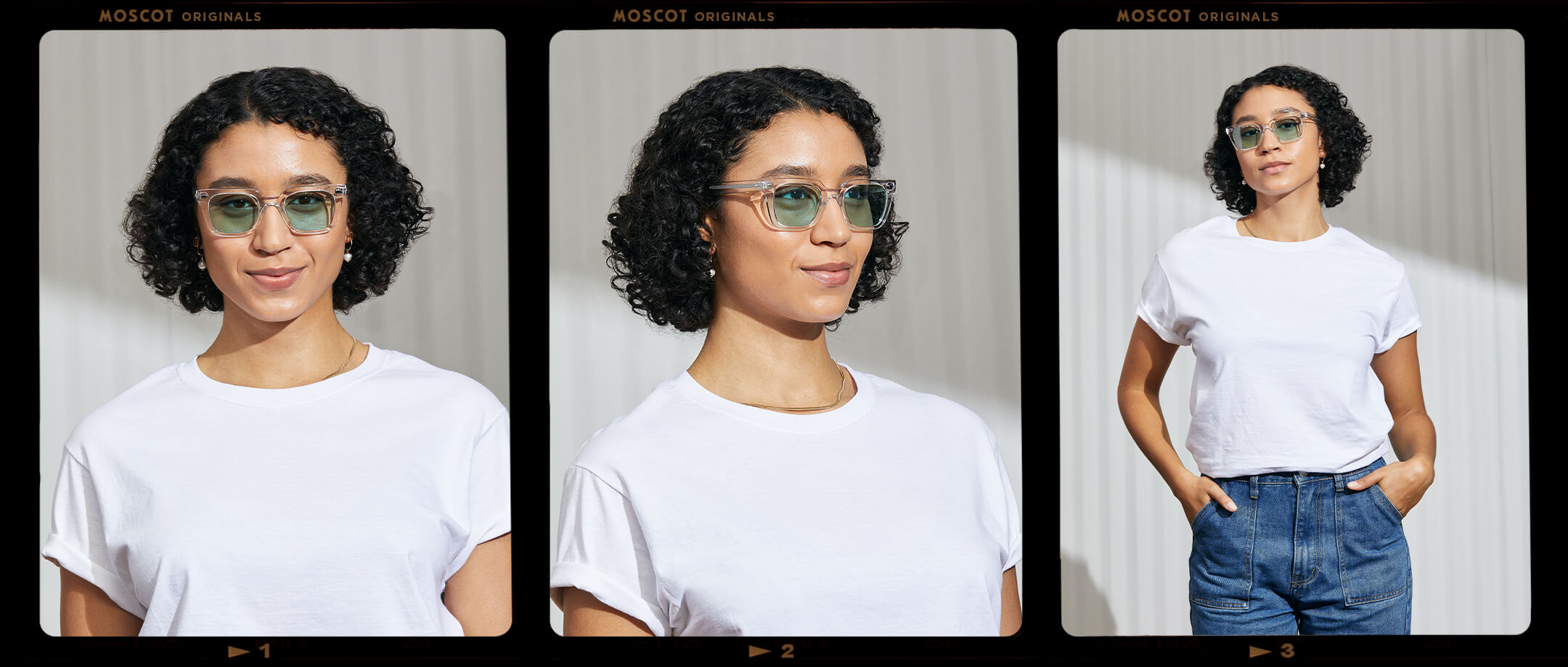 Model is wearing The GROBER in Crystal in size 48 with Turquoise Tinted Lenses