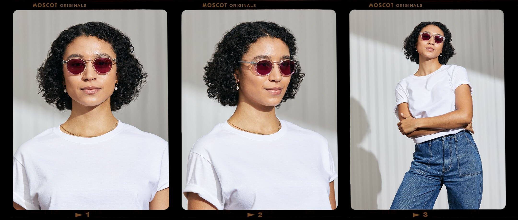 Model is wearing The LEMTOSH in Crystal in size 49 with Purple Nurple Tinted Lenses