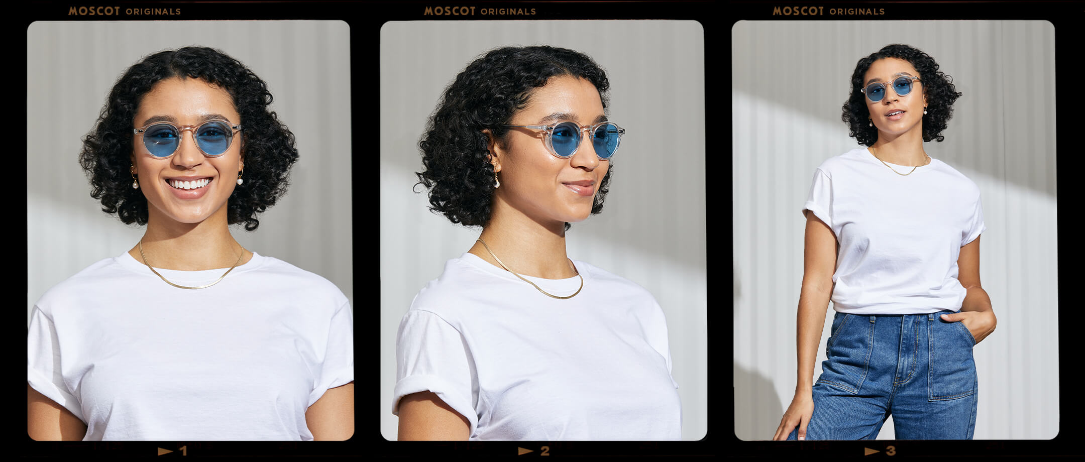 Model is wearing The MILTZEN in Crystal in size 49 with Celebrity Blue Tinted Lenses