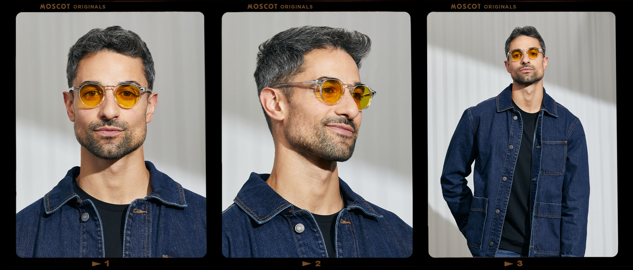 Model is wearing The MILTZEN in Crystal in size 46 with Mellow Yellow Tinted Lenses