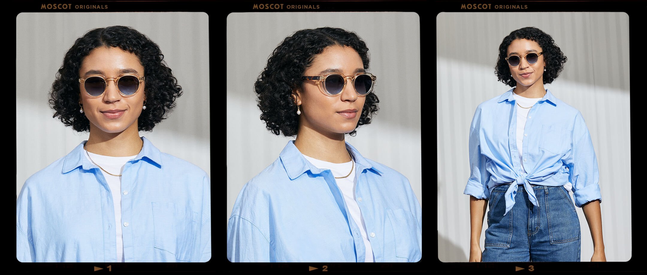 Model is wearing The GAVOLT SUN in Flesh/Tortoise in size 48 with Denim Blue Tinted Lenses
