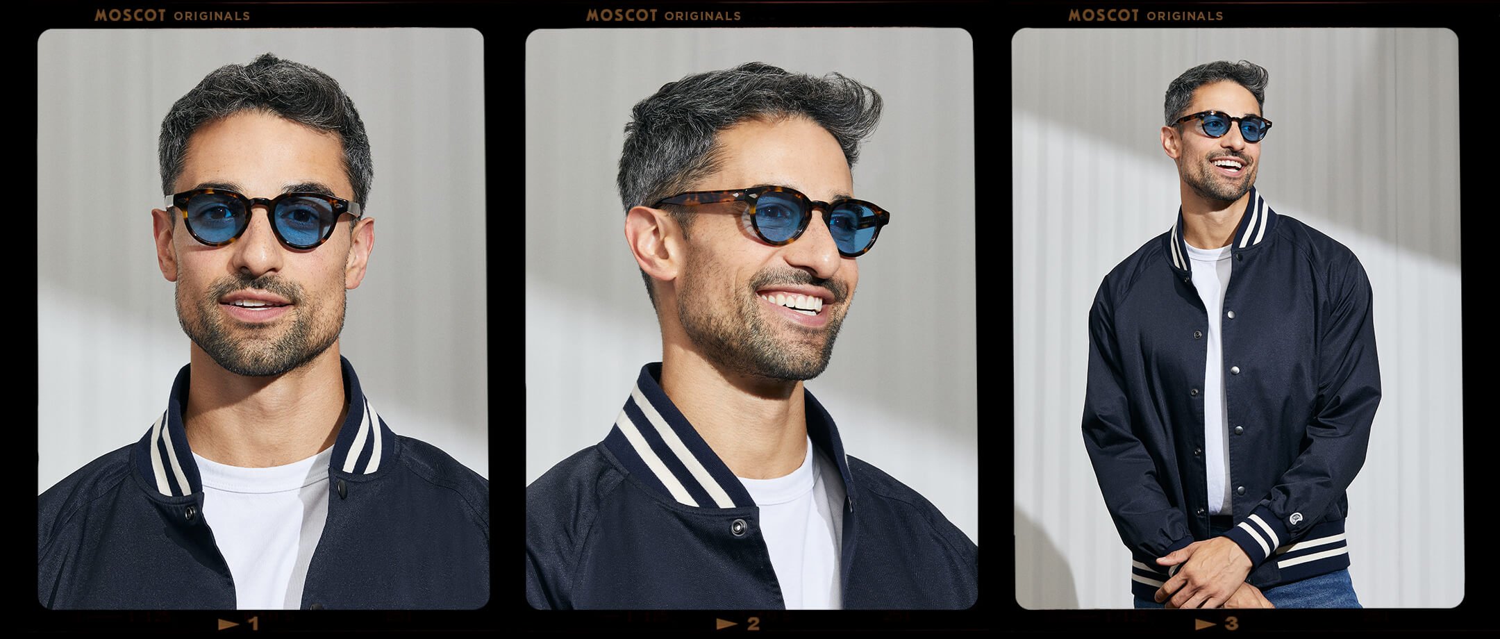 Model is wearing The MAYDELA SUN in Classic Havana in size 46 with Celebrity Blue Tinted Lenses