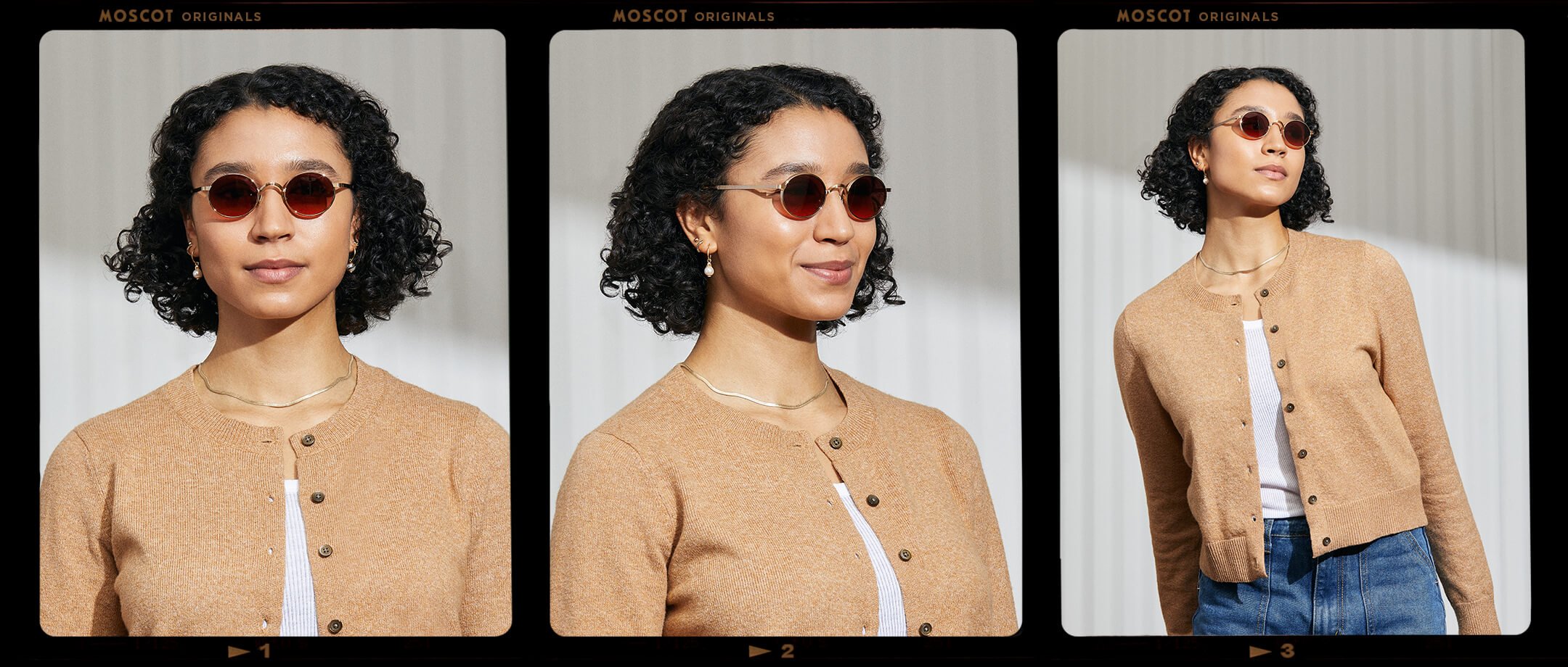 Model is wearing The MOYEL SUN in Gold in size 44 with Cabernet Tinted Lenses