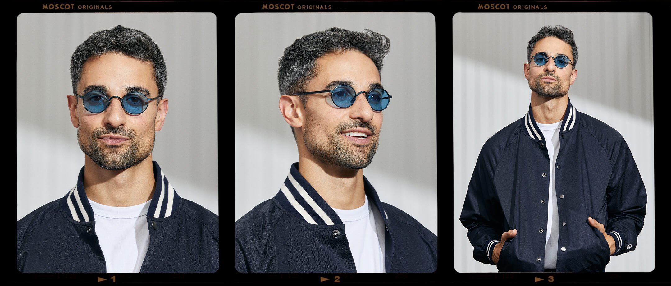 Model is wearing The MOYEL SUN in Navy in size 44 with Celebrity Blue Tinted Lenses