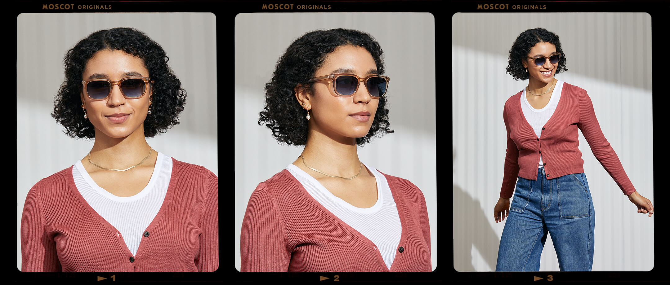 Model is wearing The SHIDDOCK SUN in Cinnamon in size 52 with Denim Blue Tinted Lenses