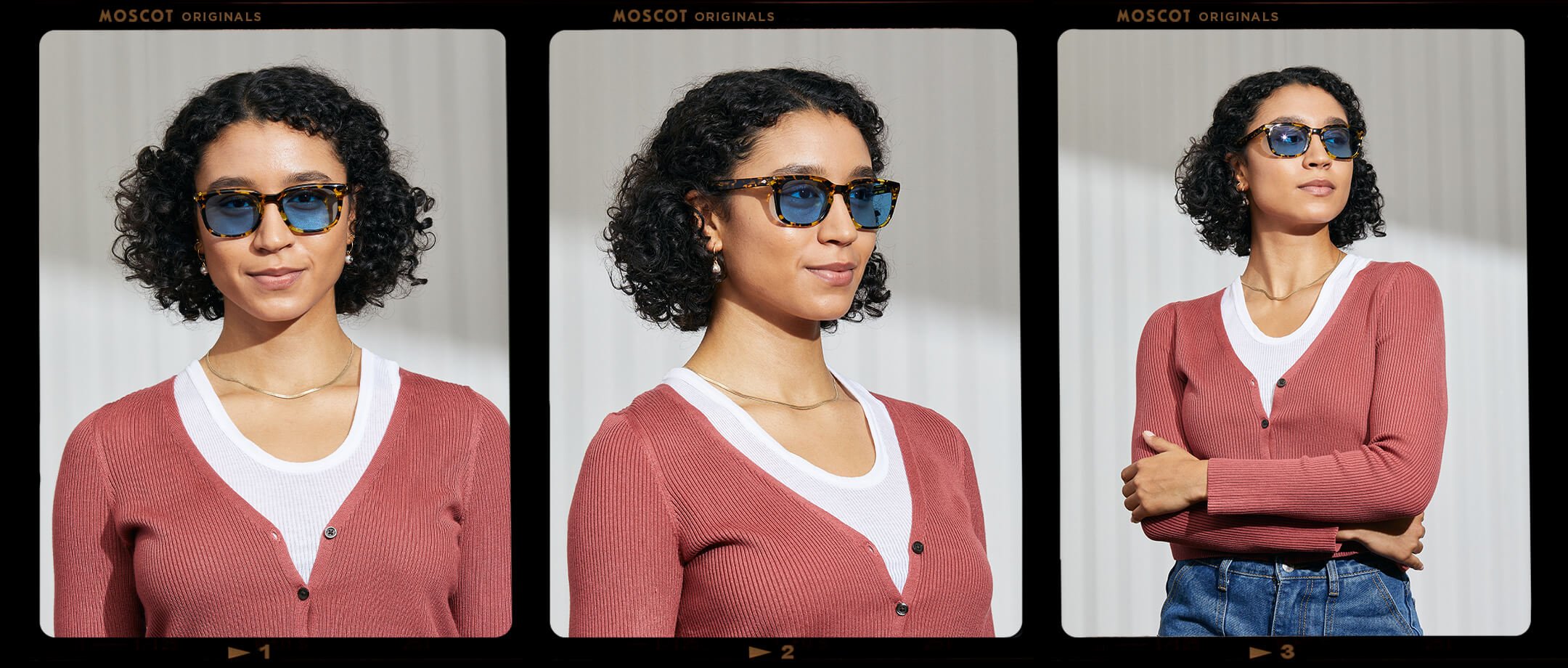 Model is wearing The SHIDDOCK SUN in Tokyo Tortoise in size 52 with Celebrity Blue Tinted Lenses