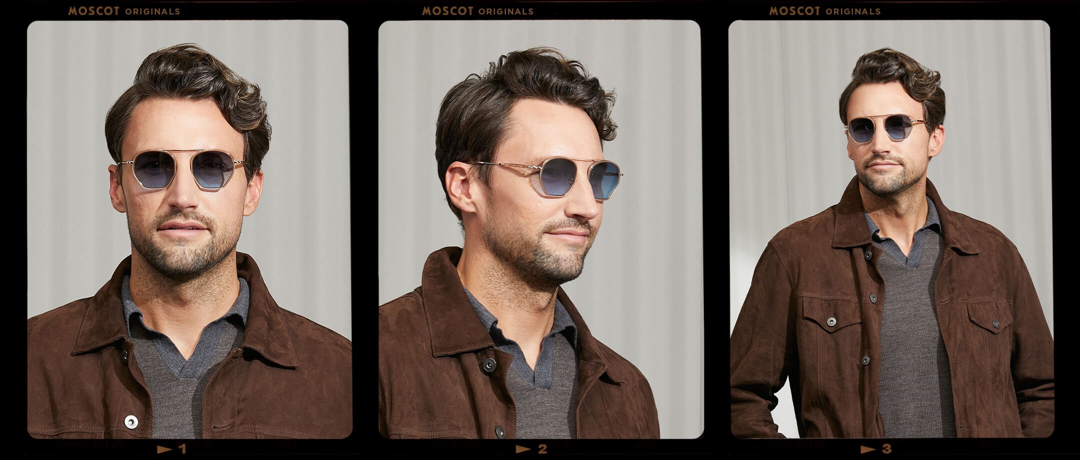 Model is wearing The KUGEL SUN in Cinnamon in size 49 with Denim Blue Tinted Lenses