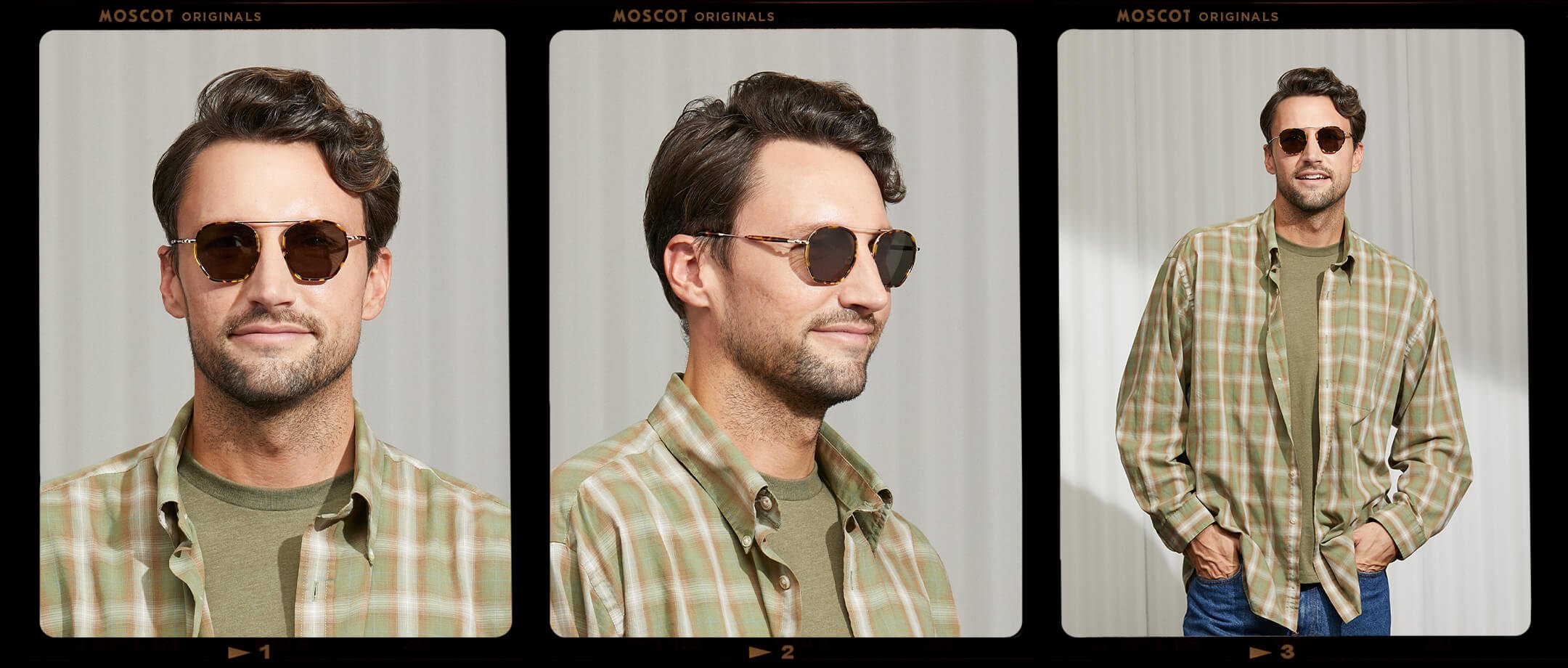Model is wearing The KUGEL SUN in Tortoise in size 49 with G-15 Lenses