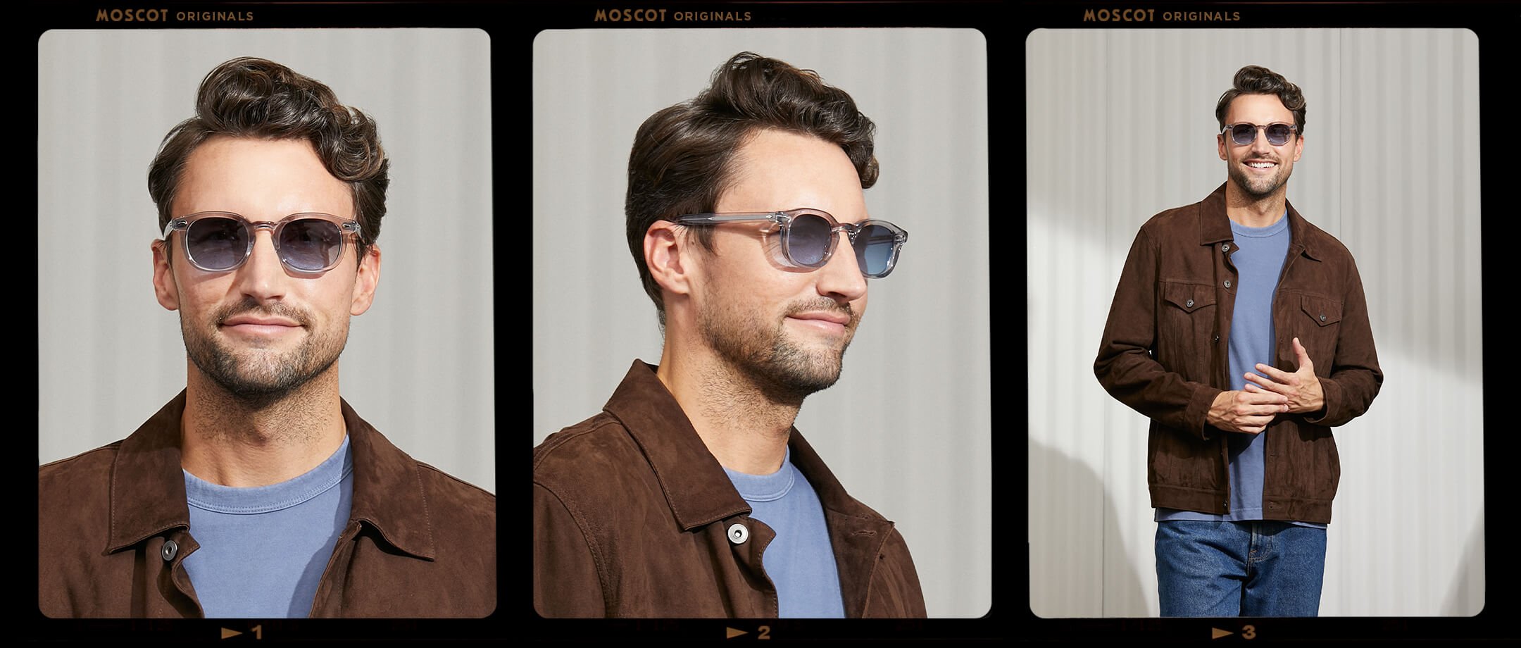 Model is wearing The MEKLER SUN in Light Grey in size 49 with Denim Blue Tinted Lenses
