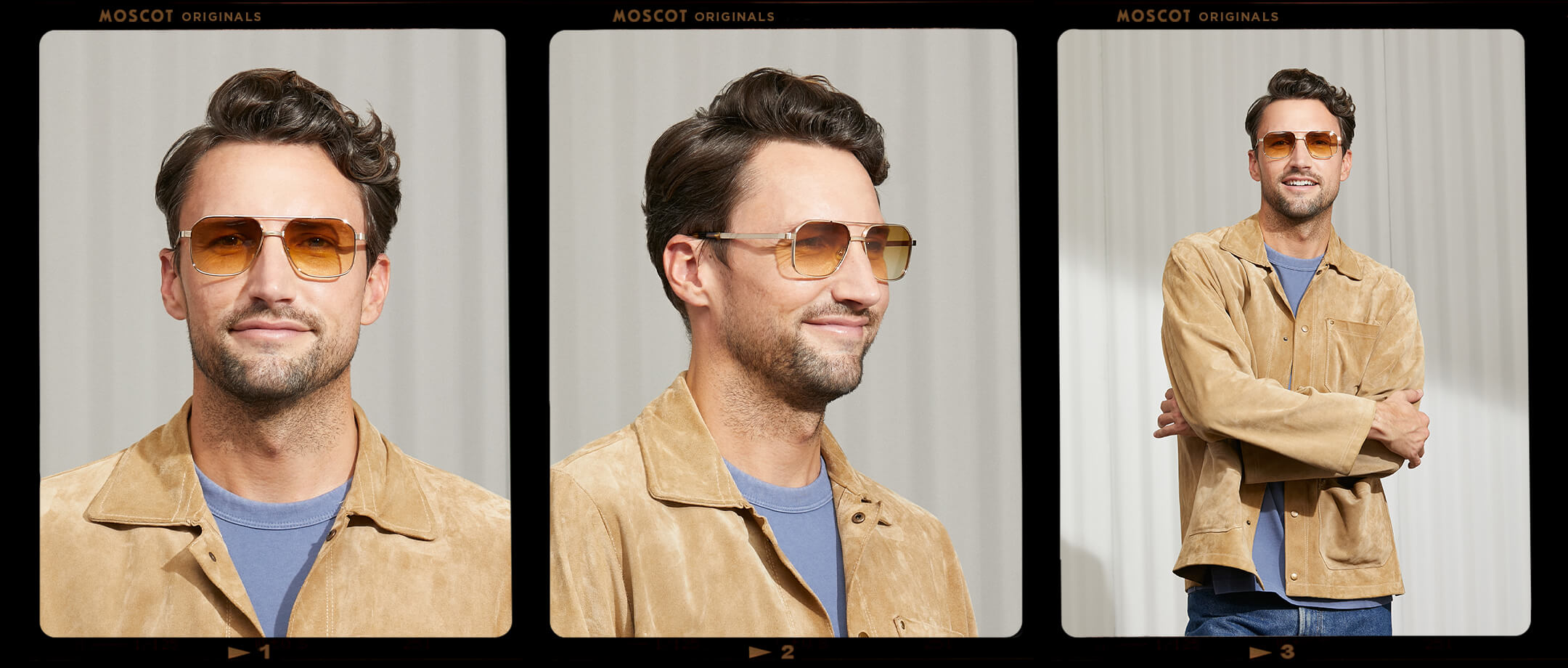 Model is wearing The MINGLE SUN in Gold in size 57 with Chestnut Fade Lenses