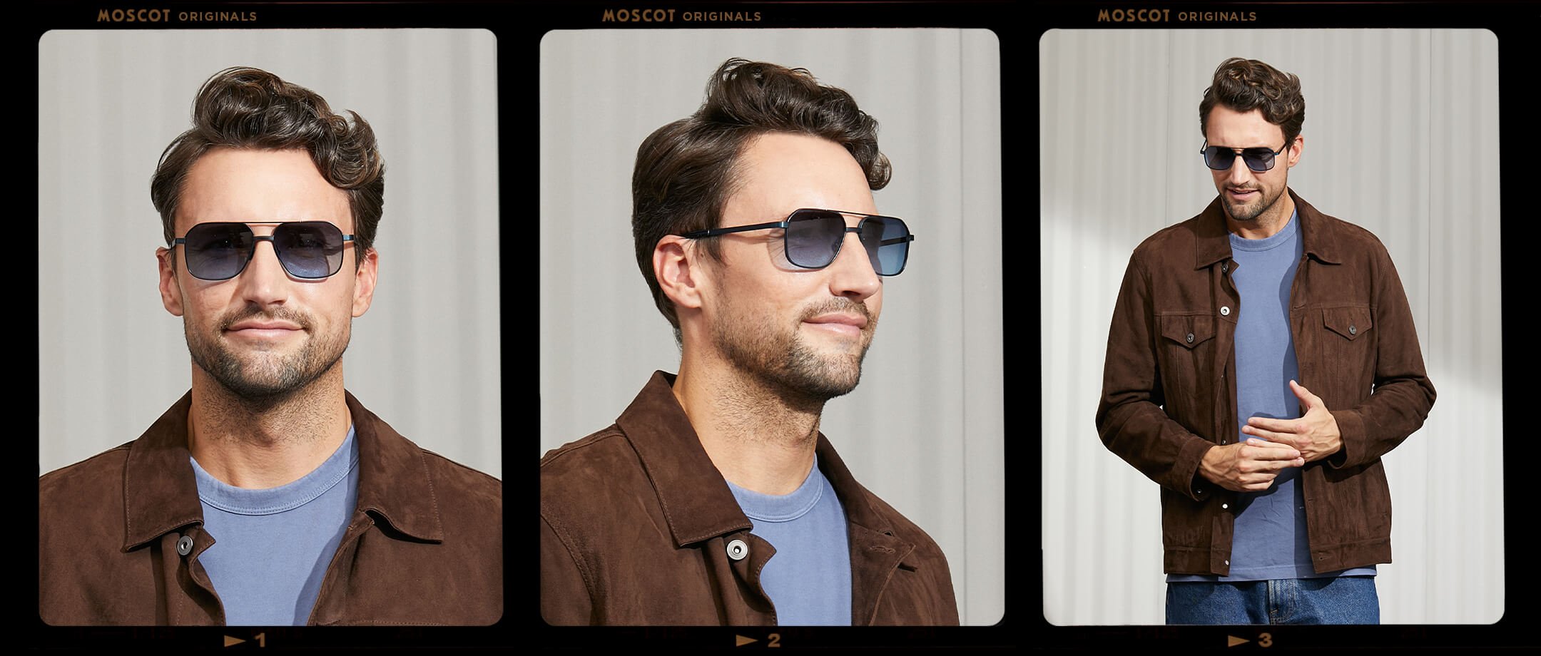 Model is wearing The MINGLE SUN in Navy in size 57 with Denim Blue Lenses