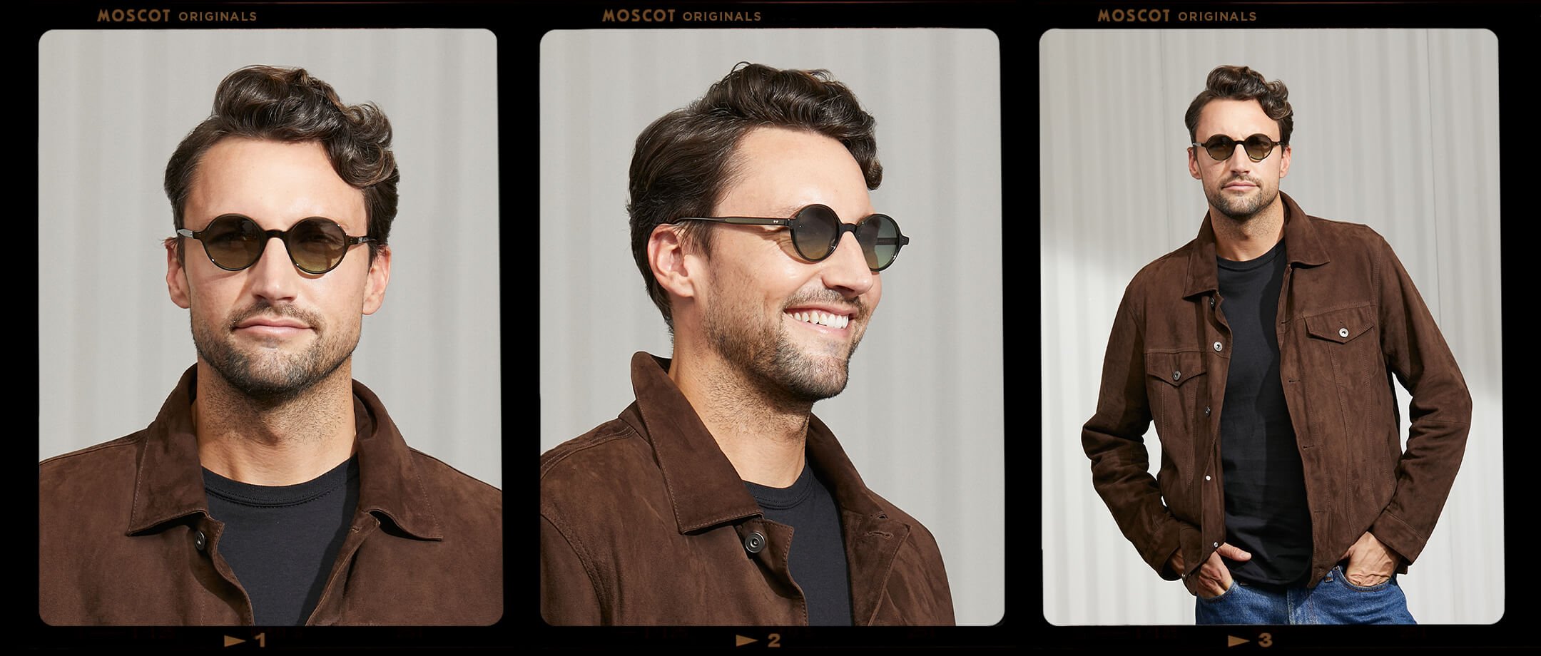 Model is wearing The SCOOCH SUN in Dark Green in size 46 with Forest Wood Tinted Lenses