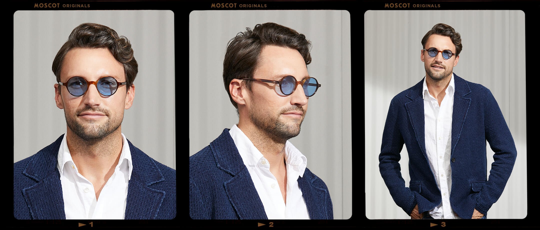 Model is wearing The SCOOCH SUN in Tobacco in size 46 with Celebrity Blue Tinted Lenses