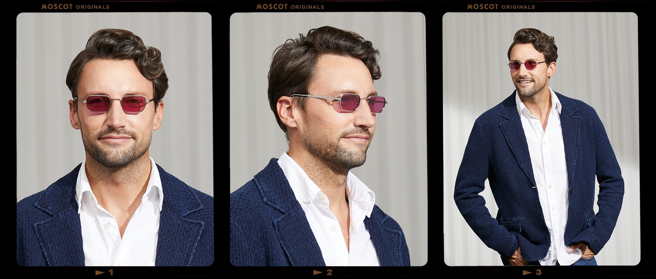 Model is wearing The SHMOOZ SUN in Silver in size 48 with Purple Nurple Tinted Lenses