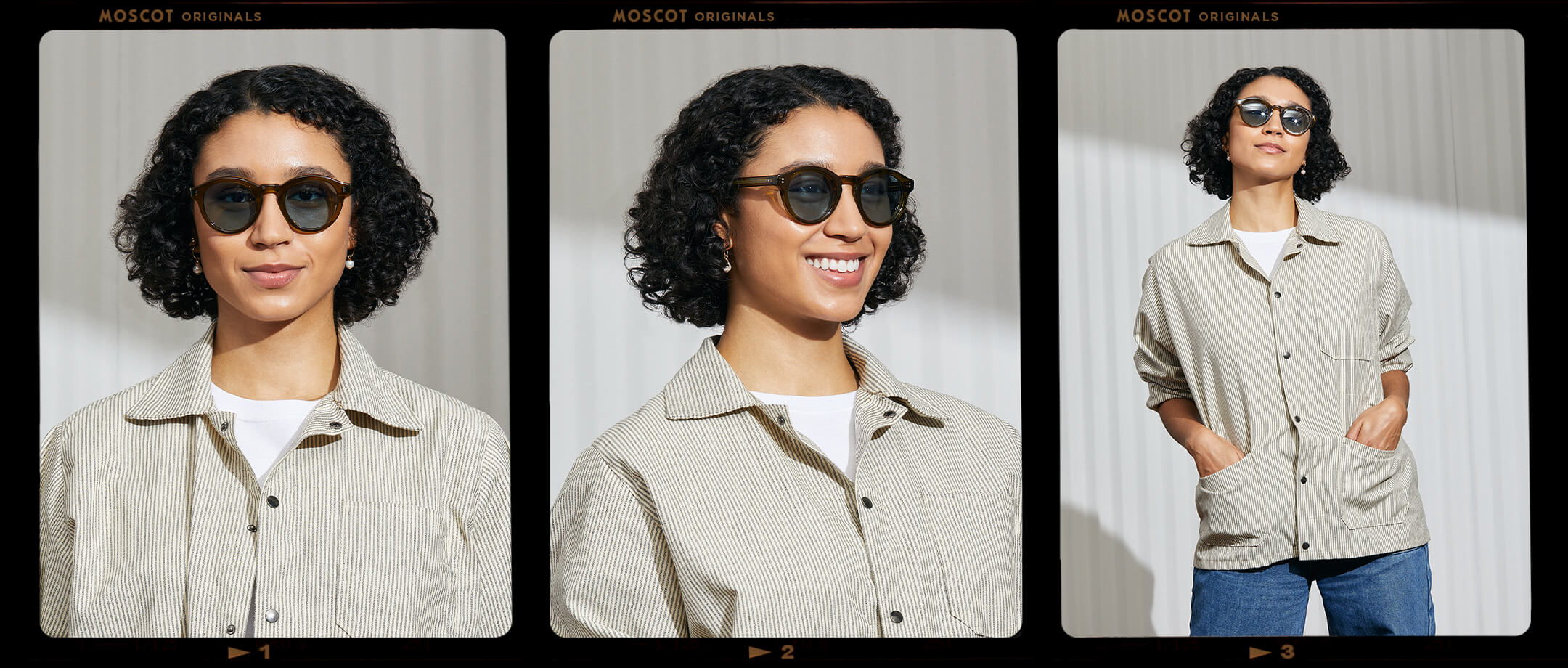 Model is wearing The KEPPE SUN in Olive Brown in size 48 with Mineral Blue Glass Lenses