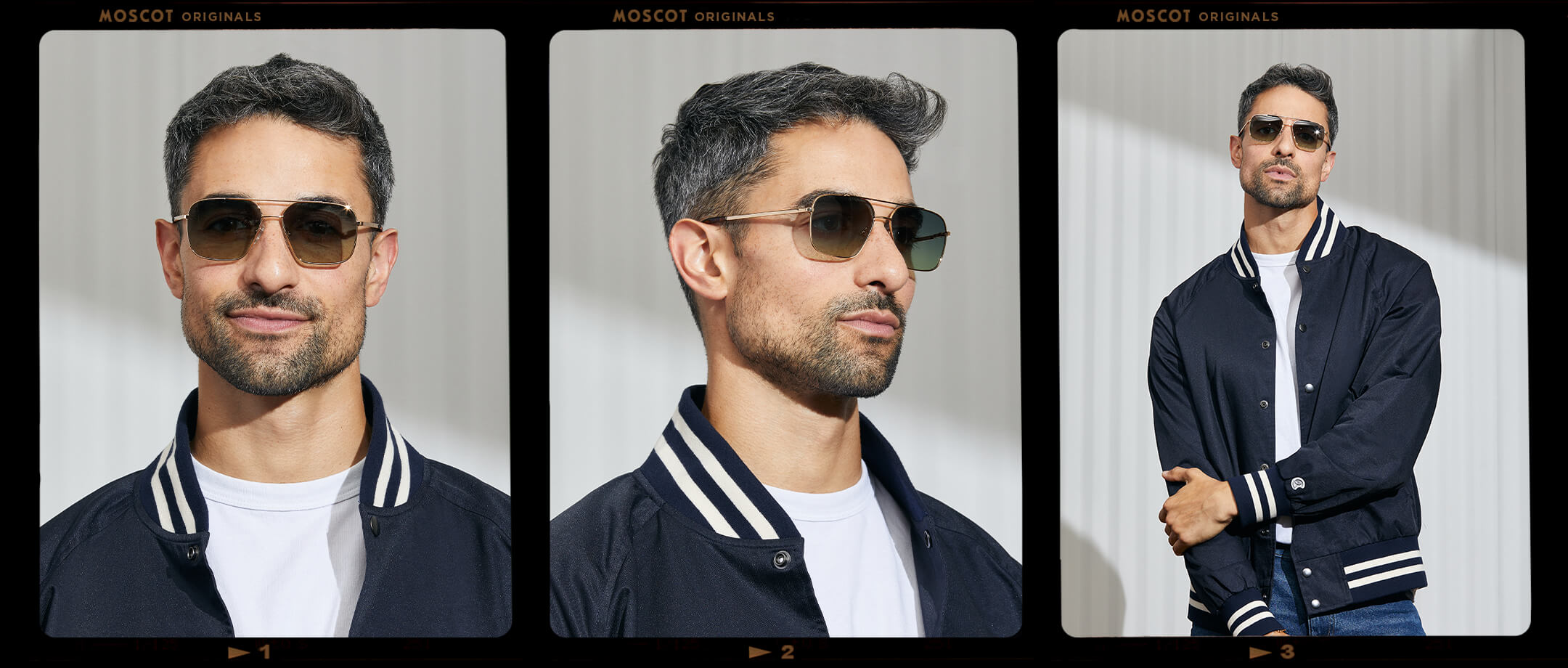 Model is wearing The SHTARKER in size 54 in Gold with Forest Wood Tinted Lenses