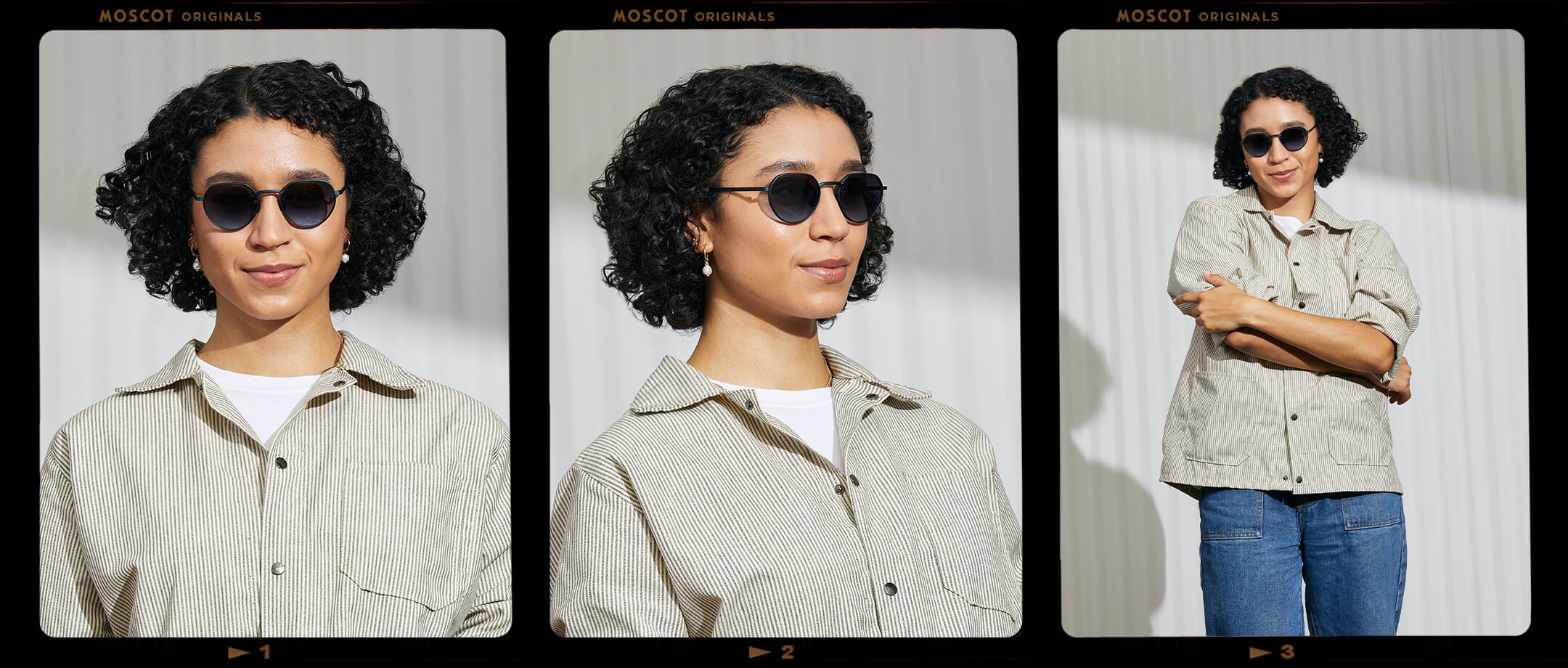 Model is wearing The SMENDRIK SUN in Navy in size 51 with Denim Blue Tinted Lenses