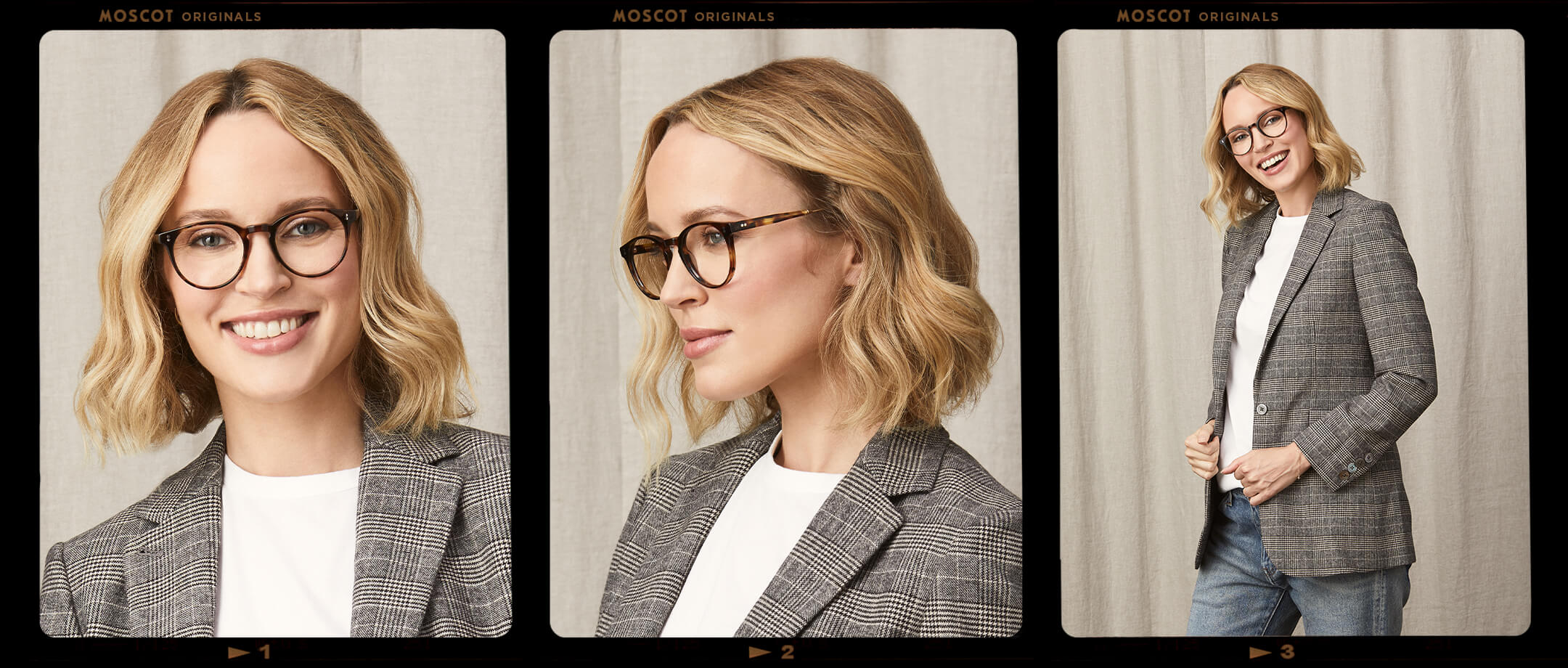 Model is wearing The GOLDA in size 49 in Spot Tortoise/Gold