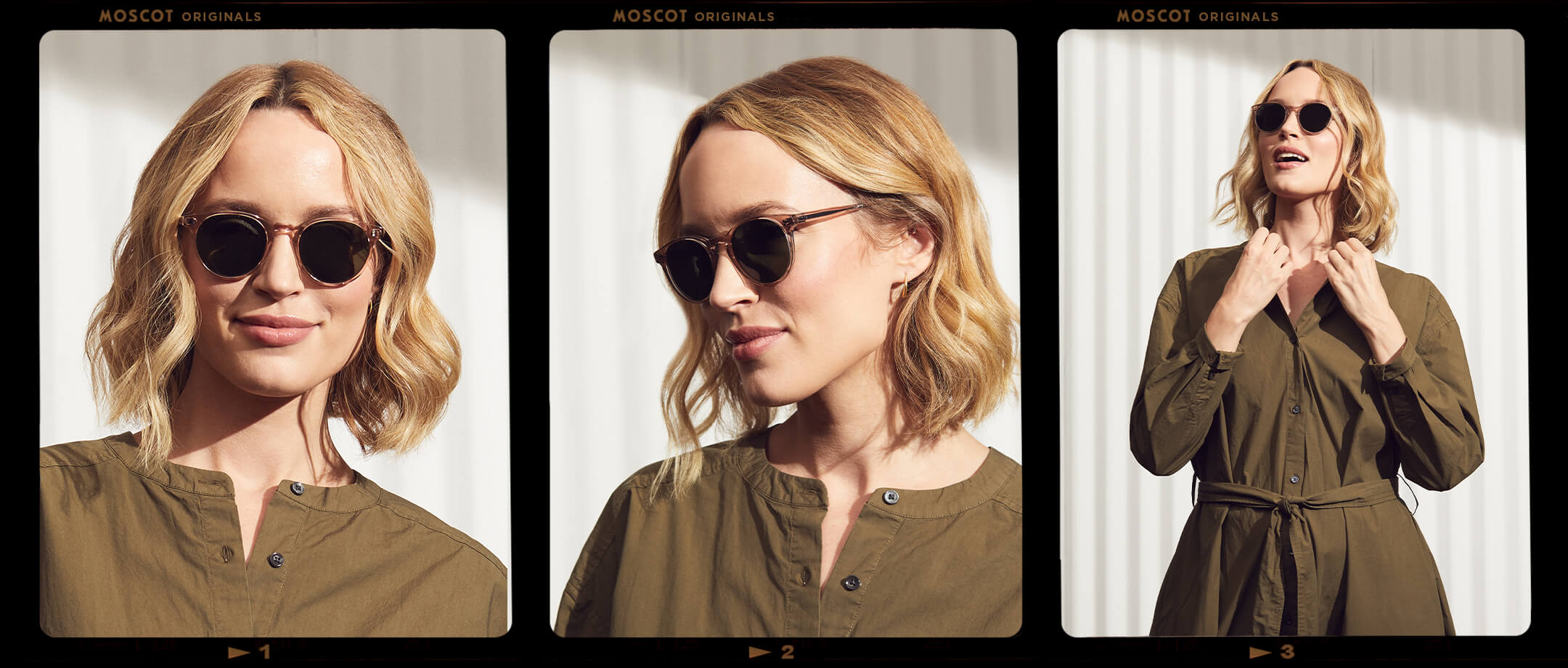 Model is wearing The GOLDA SUN in Burnt Rose in size 49 with G-15 Glass Lenses