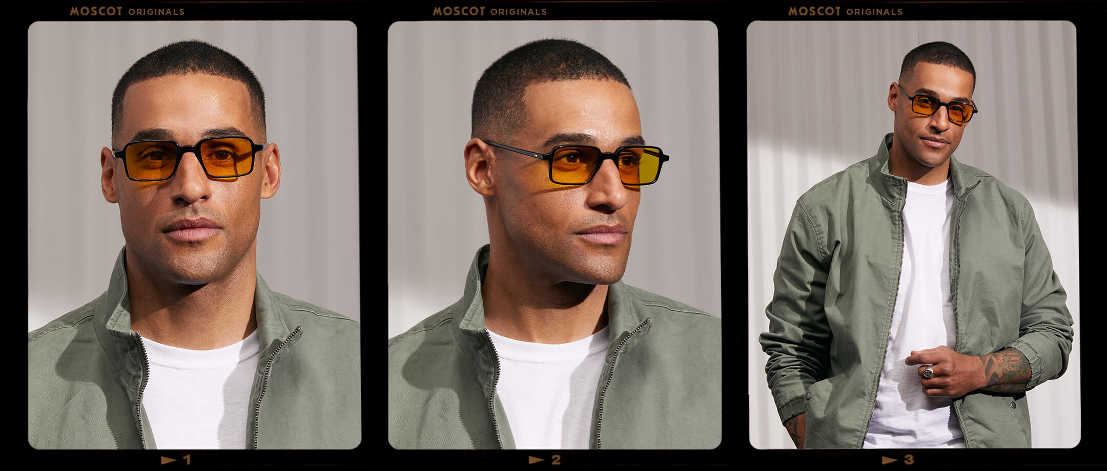 Model is wearing The SHINDIG Black in size 50 with Mellow Yellow Tinted Lenses